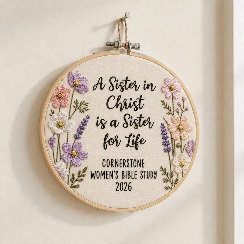 Sister in Christ Embroidery Hoop Art, Floral Christian Friendship Wall Decor, Women’s Bible Study Gift, Faith-Based Needlework Hoop EH18