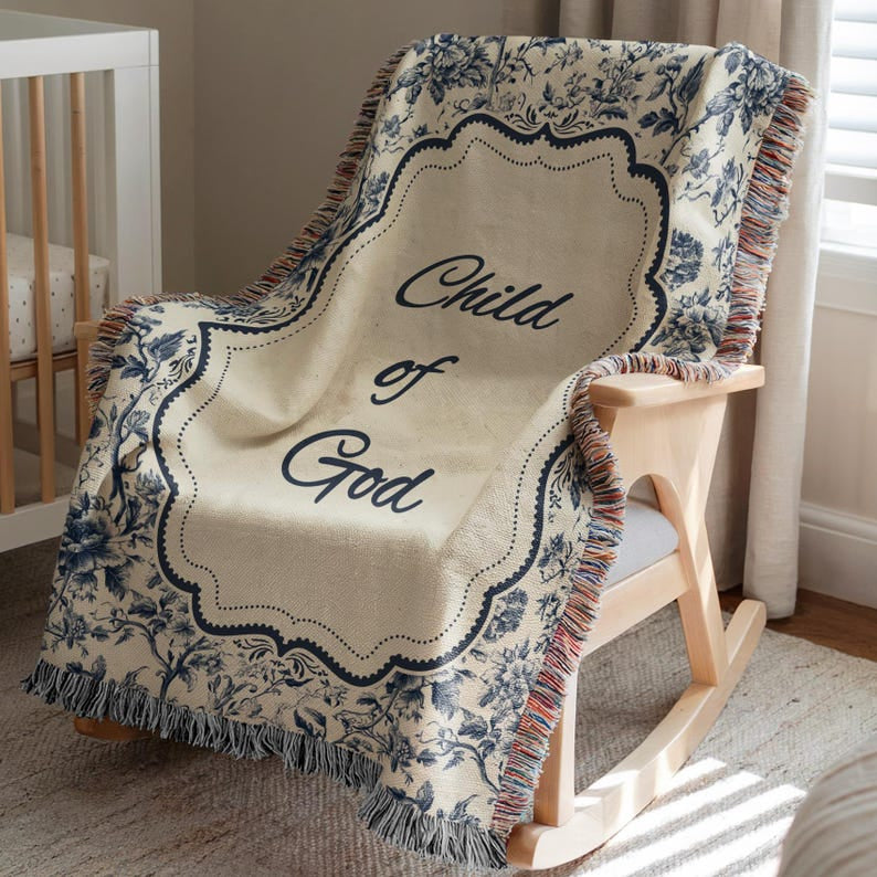 Christian Baby Woven Blanket, Child of God Woven Blanket Gift from Godmother, Faith-Based Newborn Blanket, Baby Shower Gift, Toile Nursery Decor WBLAF03