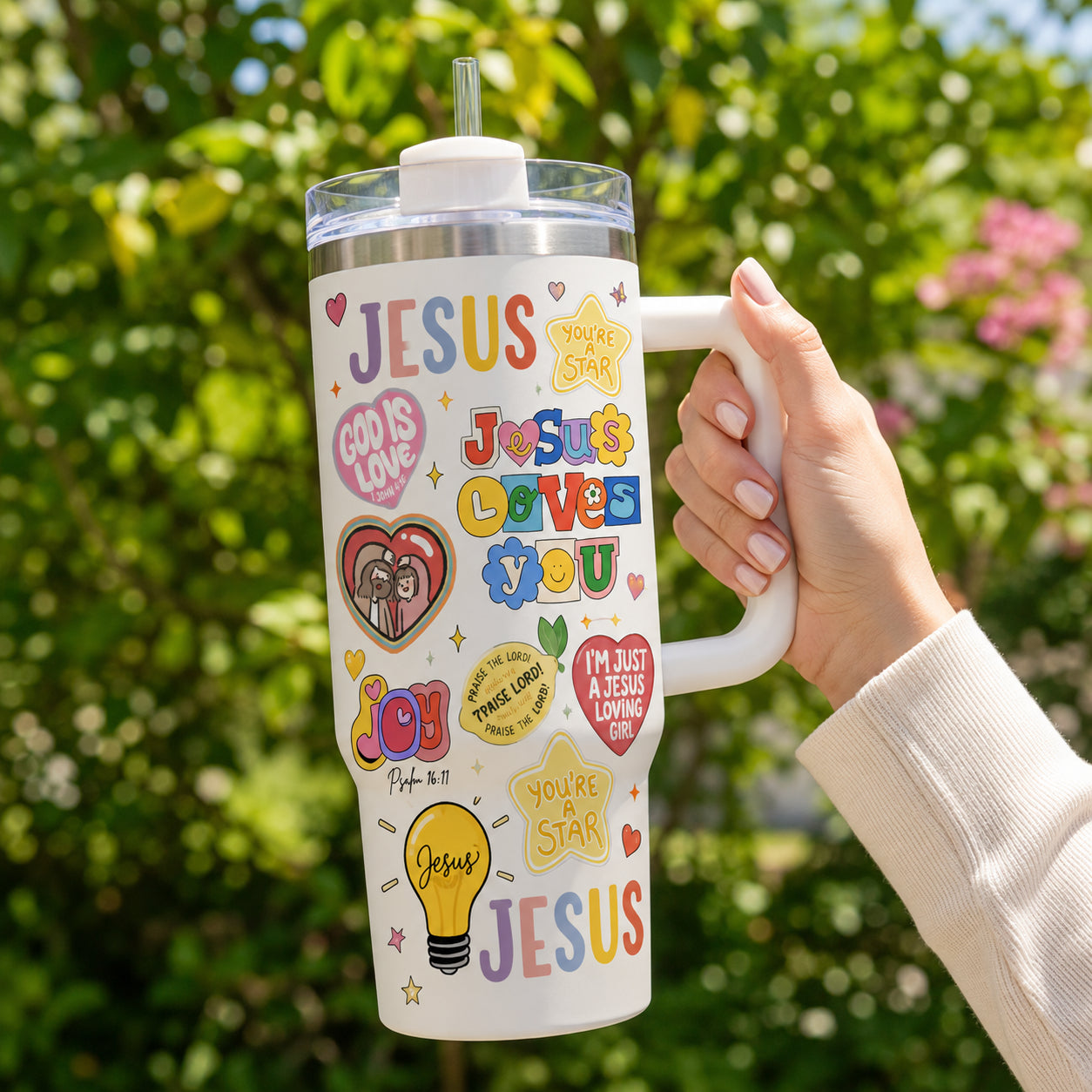 Colorful Jesus Loves You 30oz/40oz Tumbler with Handle, Christian Aesthetic Travel Mug, Custom Faith Tumbler, Insulated Mug with Straw, Christian Gift  TUMB03