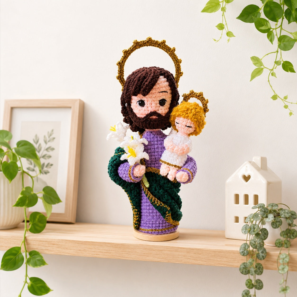 Saint Joseph with Baby Jesus Handmade Crochet, Saint Joseph Amigurumi Plush, Religious Faith Gift, Religious Keepsake Baptism Gift, Prayer Room Decor CR03