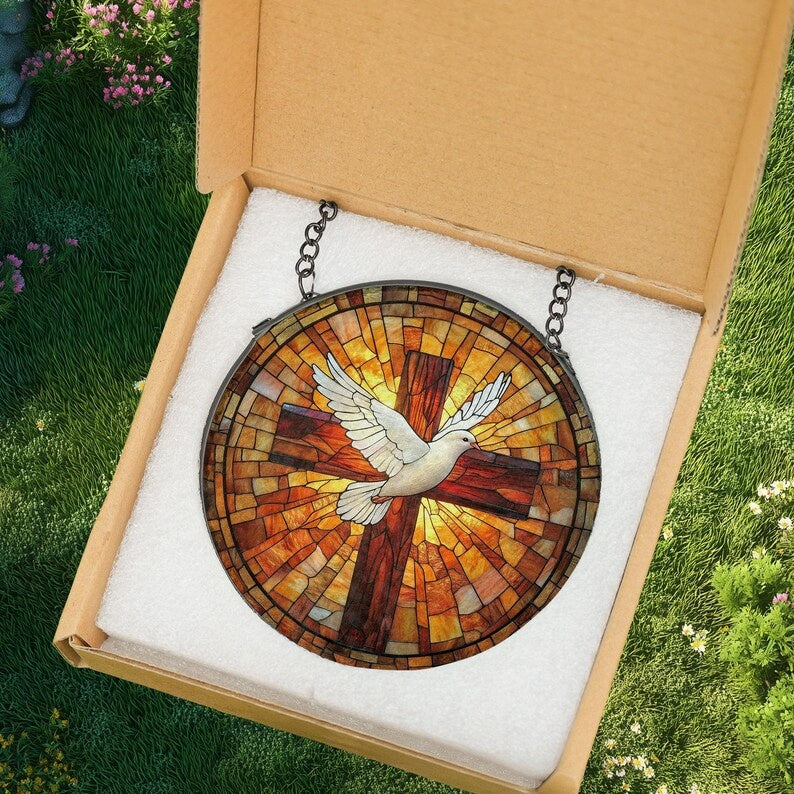 Holy Spirit Dove Stained Glass Suncatcher, Cross Christian Window Hanging, Catholic Home Decor, Confirmation Gift, Religious Faith Decor GLASS03