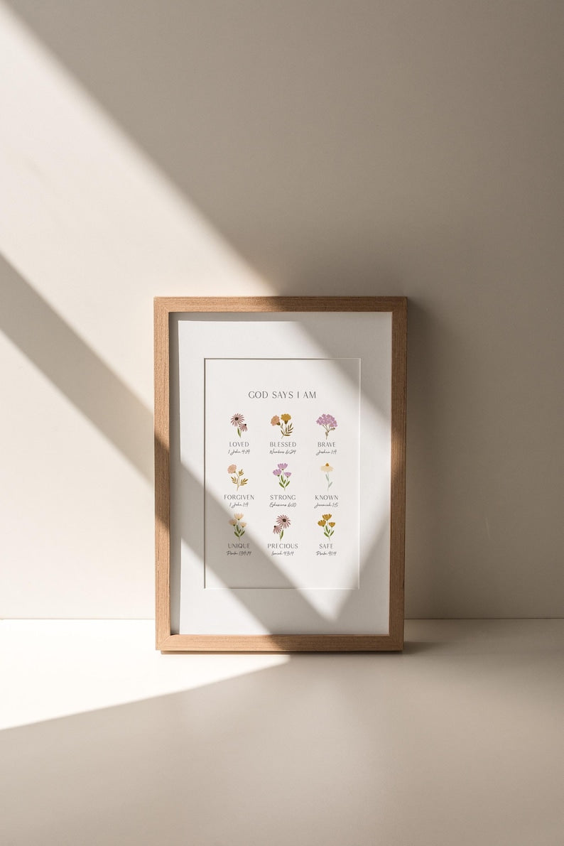 God Says I Am Wildflower Poster, God Wall Art, Bible Verse Print, Christian Nursery Decor, Botanical Scripture Art, Room Faith Decor PT03