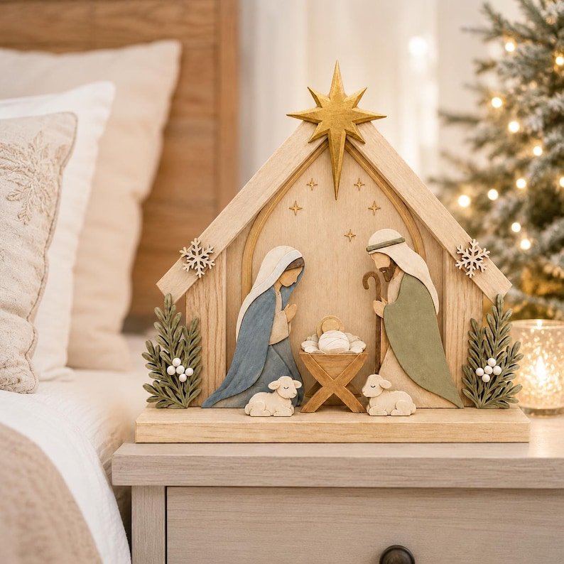 Nativity Christmas Decor Wooden Sign, Rustic Farmhouse Christmas Decoration, Jesus Birth Scene Shelf Sitter, Religious Holiday Home Decor Gift WSXM03
