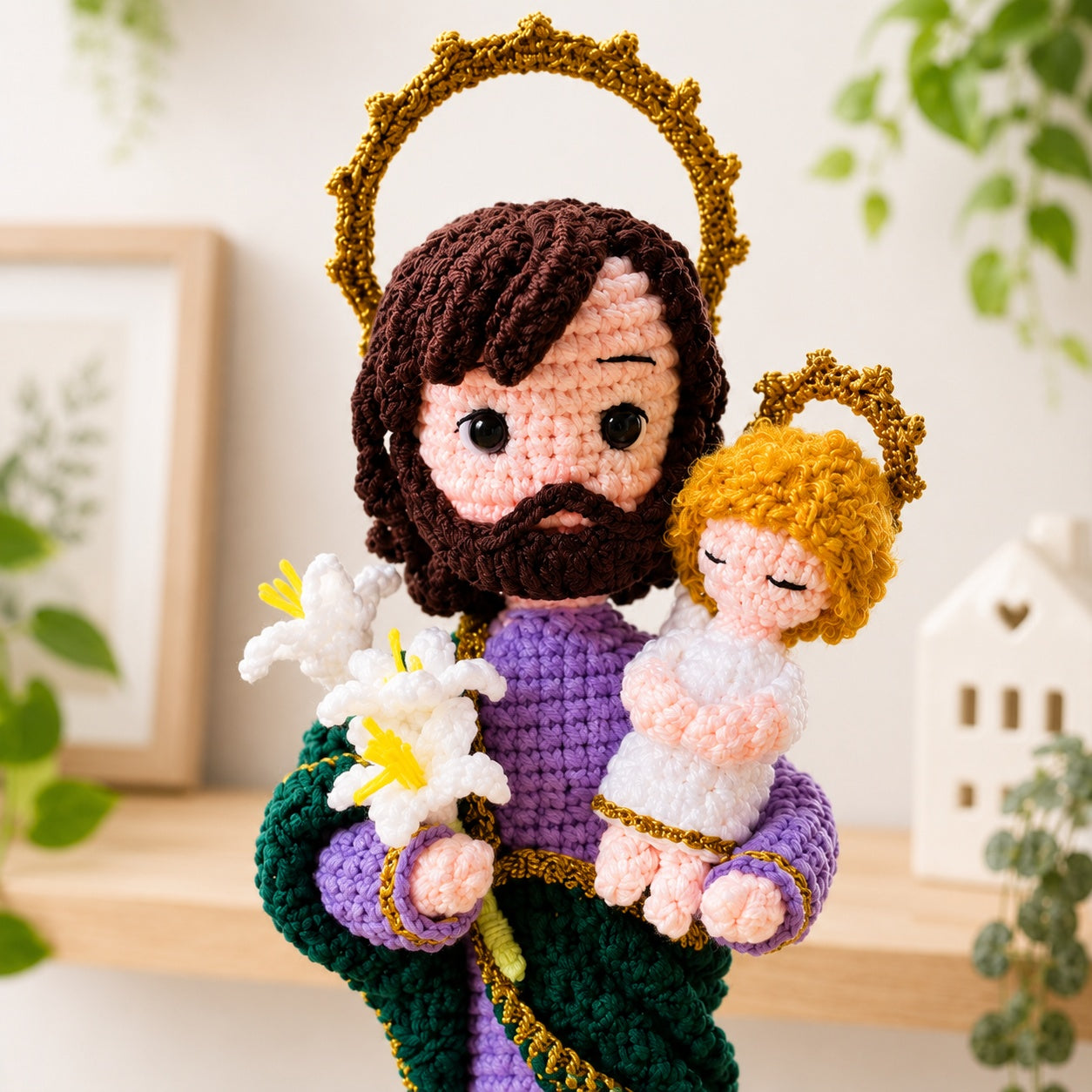 Saint Joseph with Baby Jesus Handmade Crochet, Saint Joseph Amigurumi Plush, Religious Faith Gift, Religious Keepsake Baptism Gift, Prayer Room Decor CR03