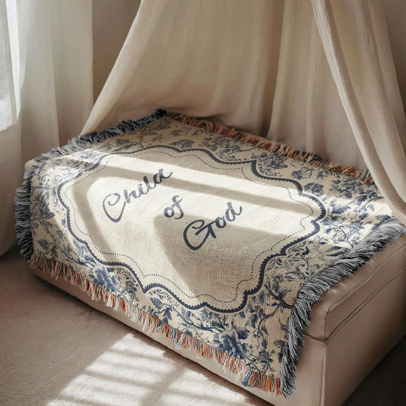 Christian Baby Woven Blanket, Child of God Woven Blanket Gift from Godmother, Faith-Based Newborn Blanket, Baby Shower Gift, Toile Nursery Decor WBLAF03