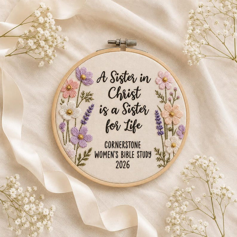 Sister in Christ Embroidery Hoop Art, Floral Christian Friendship Wall Decor, Women’s Bible Study Gift, Faith-Based Needlework Hoop EH18