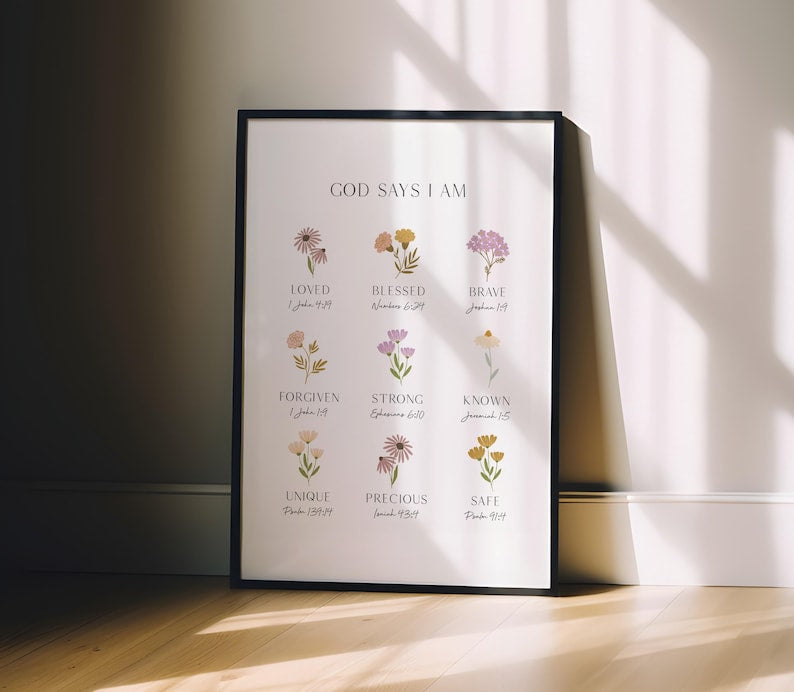 God Says I Am Wildflower Poster, God Wall Art, Bible Verse Print, Christian Nursery Decor, Botanical Scripture Art, Room Faith Decor PT03