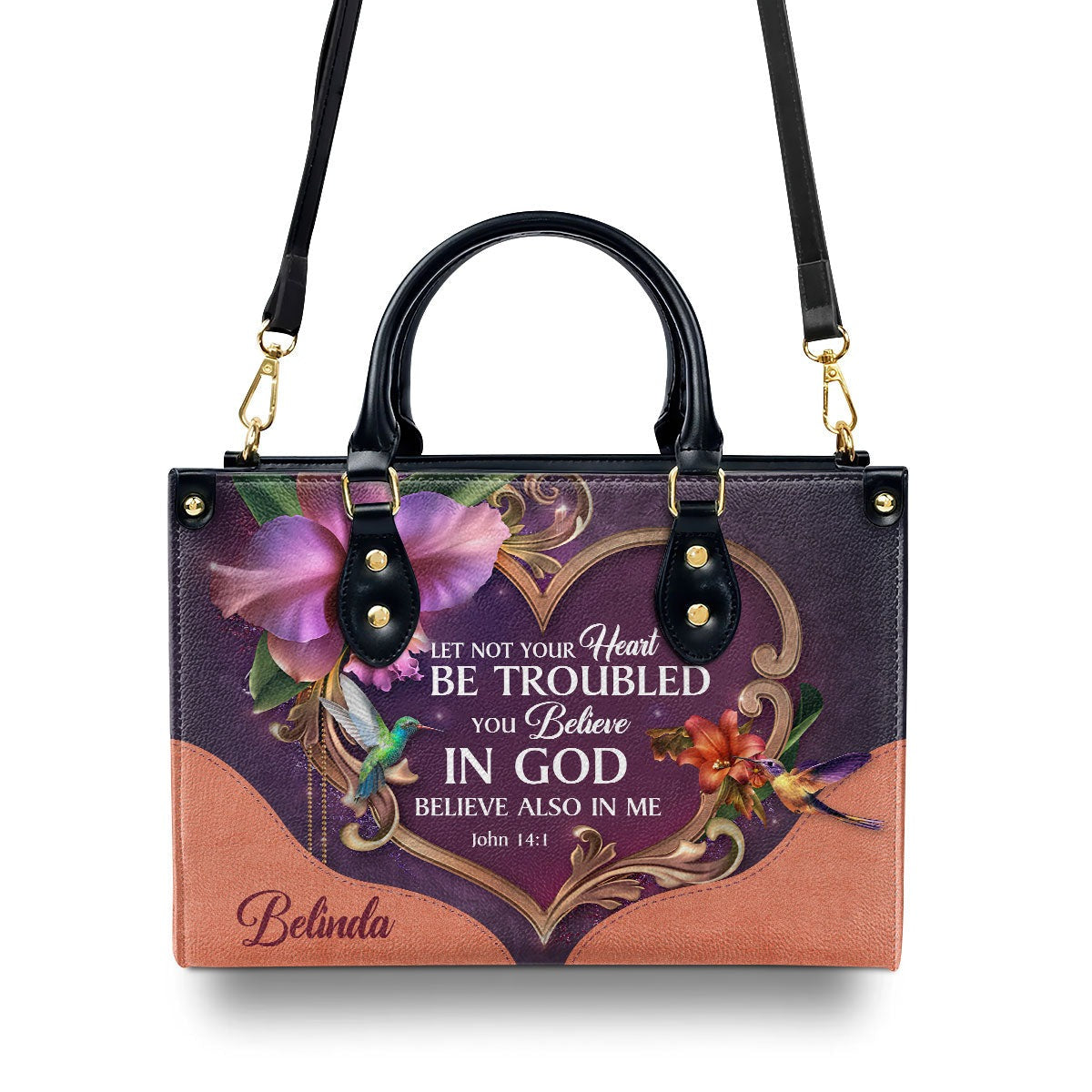 Personalized Christian Leather HandBag with Bible Verse John 14:1, Custom Name Handbag, Religious Gift for Women, Faith Purse BLAF17