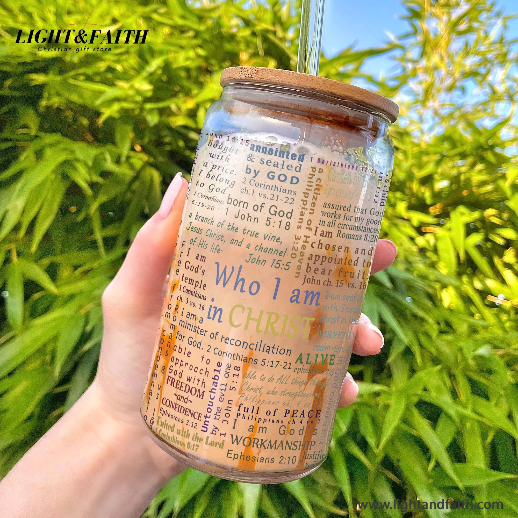 Christian Clear Glass Can with Bamboo Lid and Straw, Who I Am In Christ Bible Verse Cup, Scripture Affirmation Iced Coffee Tumbler GCLAF32