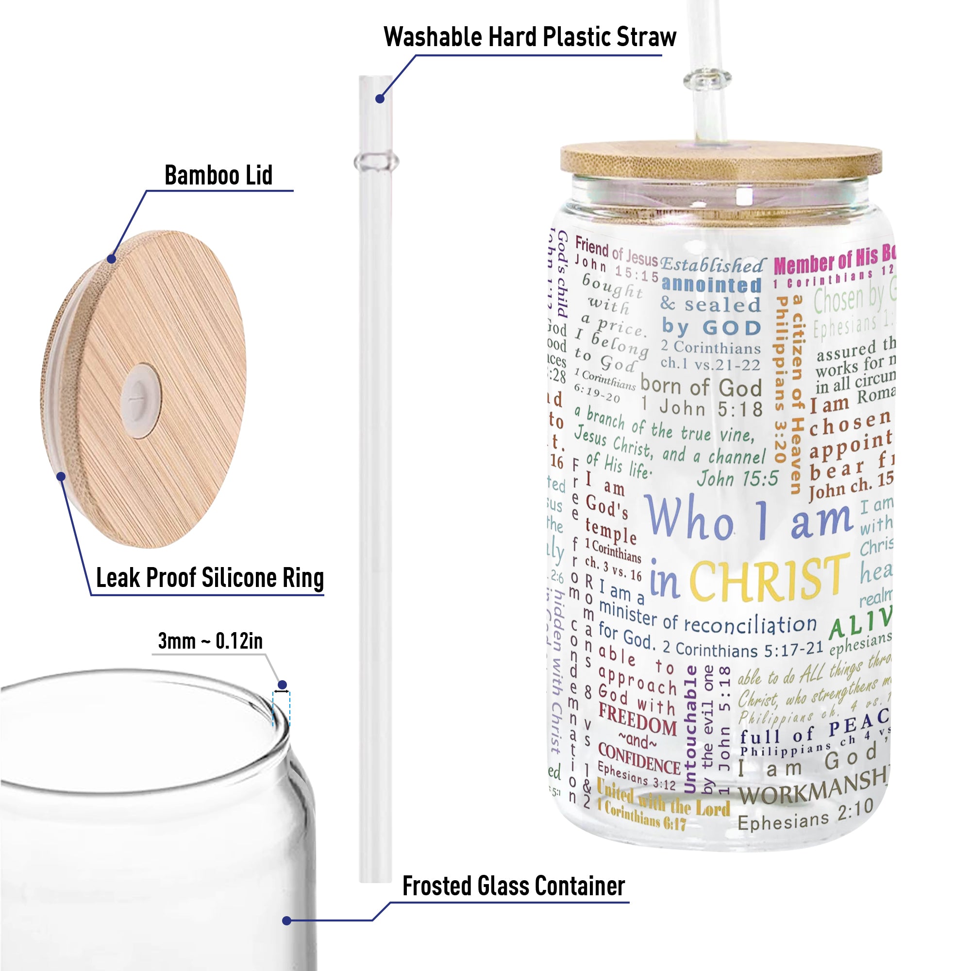 Christian Clear Glass Can with Bamboo Lid and Straw, Who I Am In Christ Bible Verse Cup, Scripture Affirmation Iced Coffee Tumbler GCLAF32
