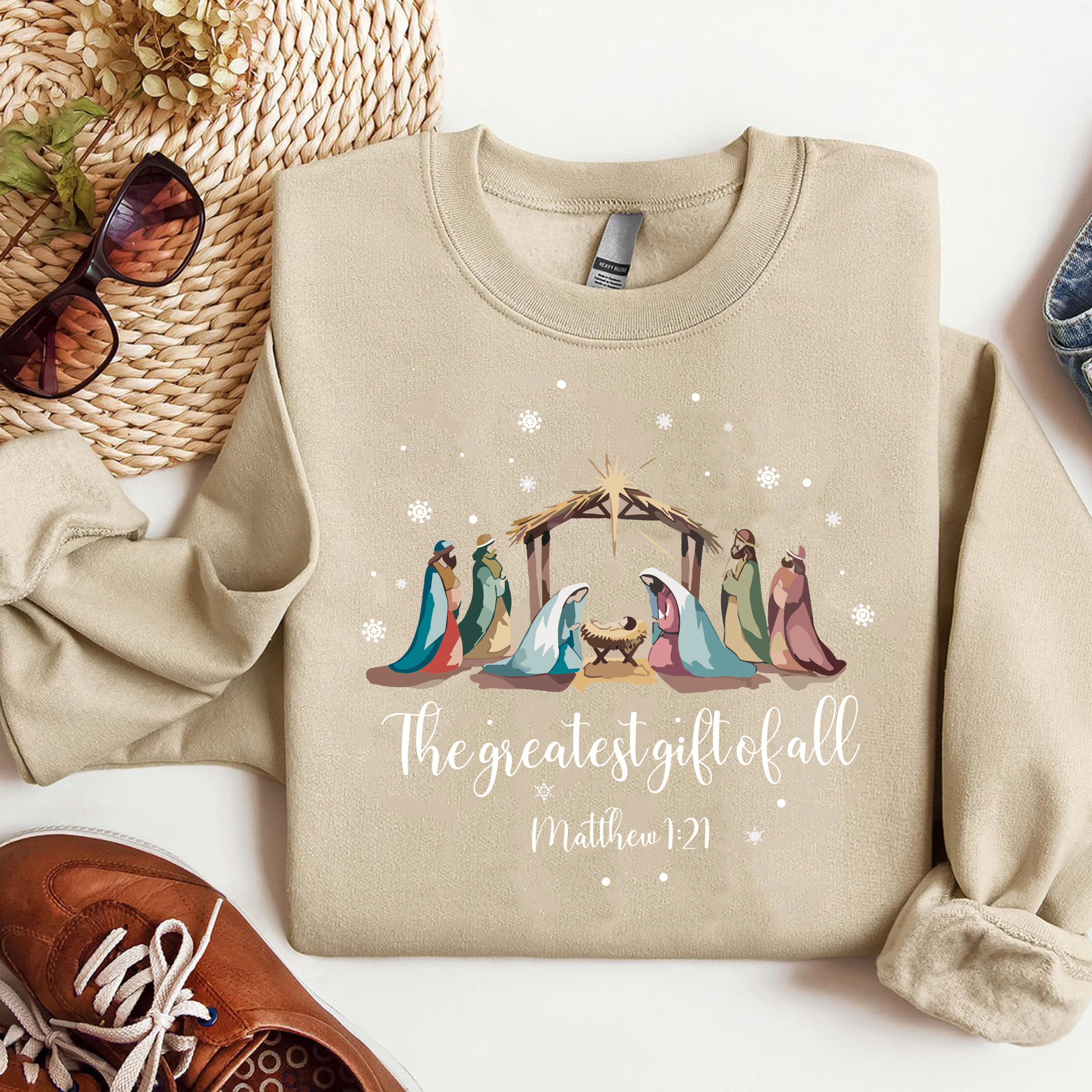 Nativity Scene Sweatshirt Matthew 1:21, Christian Christmas Sweater, The Greatest Gift of All Shirt, Religious Holiday Gift