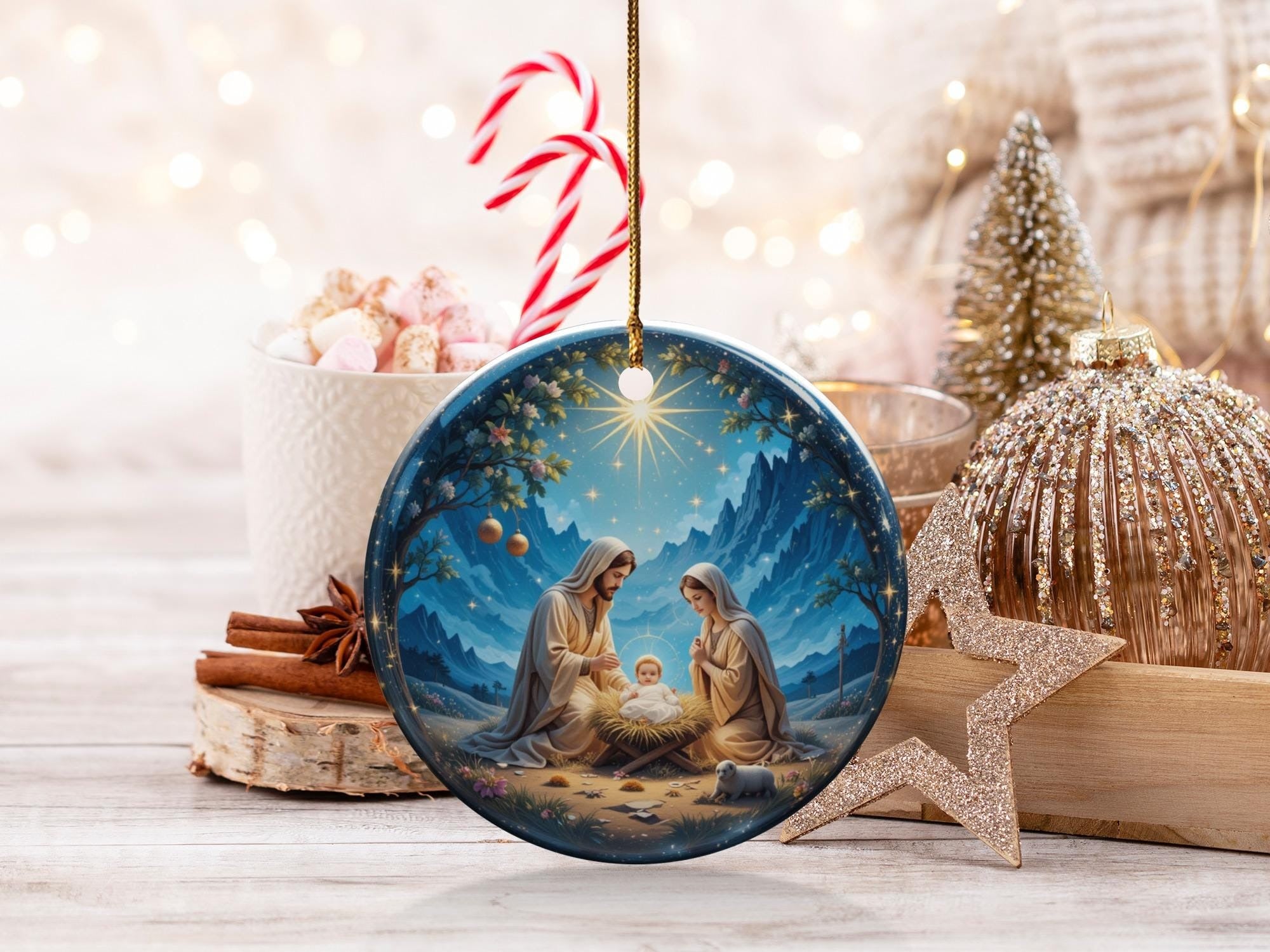 Nativity Scene Christmas Ornament, Baby Jesus, Ideas For Christmas Trees, Christmas Decor, Holiday Ornament, Starry Night, Holy Family DCLAF04