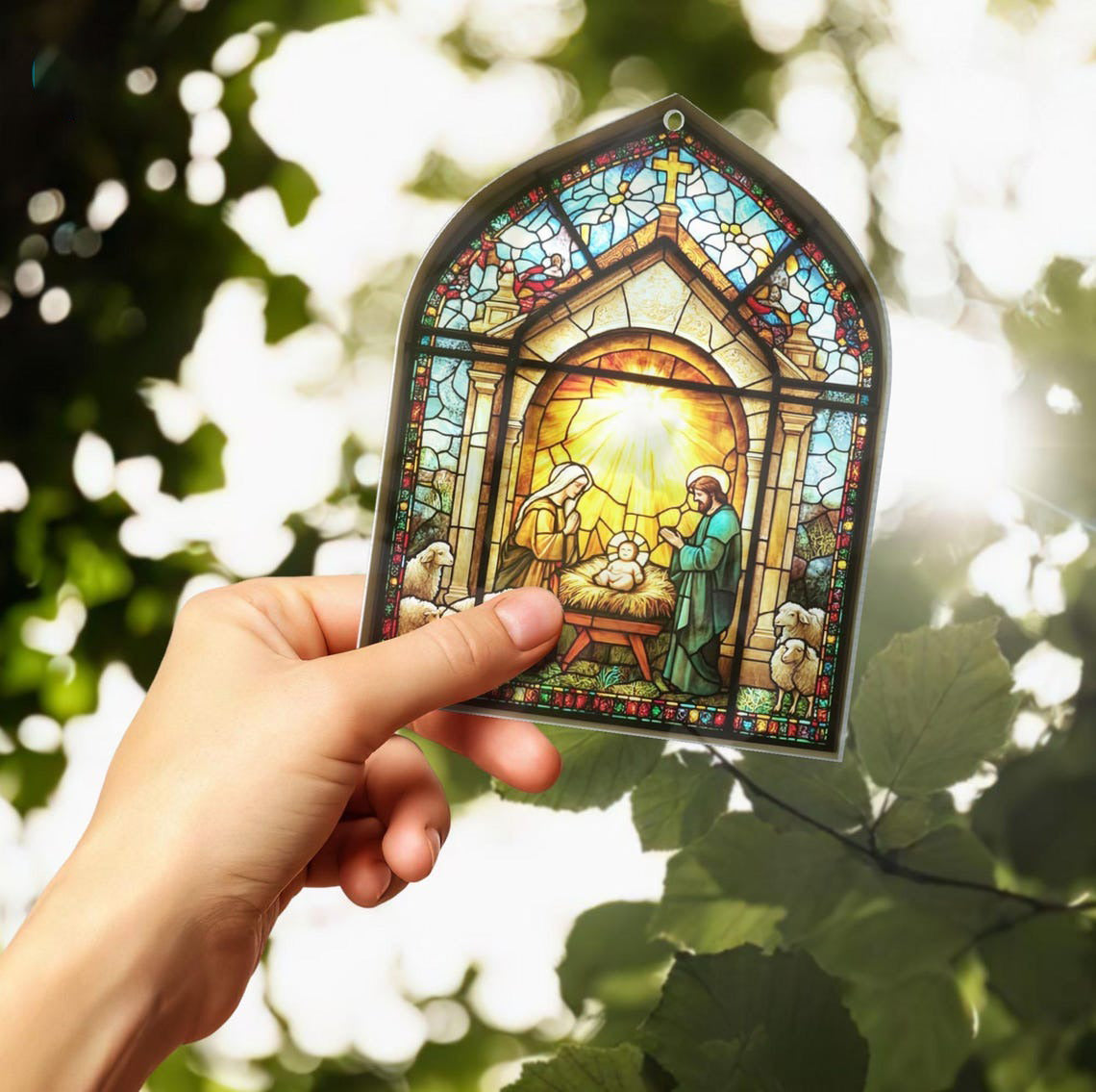 Faux Stained Glass Christian Window Hanging, Nativity Jesus Christ Suncatcher.