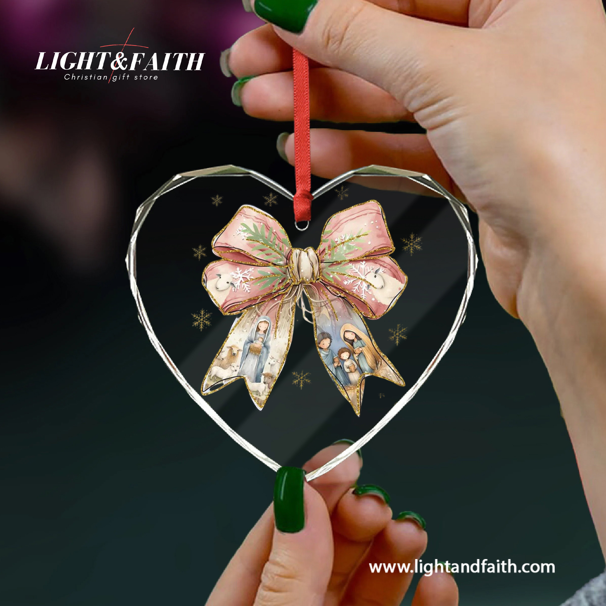 Nativity Bow Glass Ornament, Holy Family Christmas Decoration, Virgin Mary and Baby Jesus Ornament, Christian Faith Gift, Religious Tree Decor DCLAF52