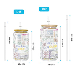Christian Clear Glass Can with Bamboo Lid and Straw, Who I Am In Christ Bible Verse Cup, Scripture Affirmation Iced Coffee Tumbler GCLAF32