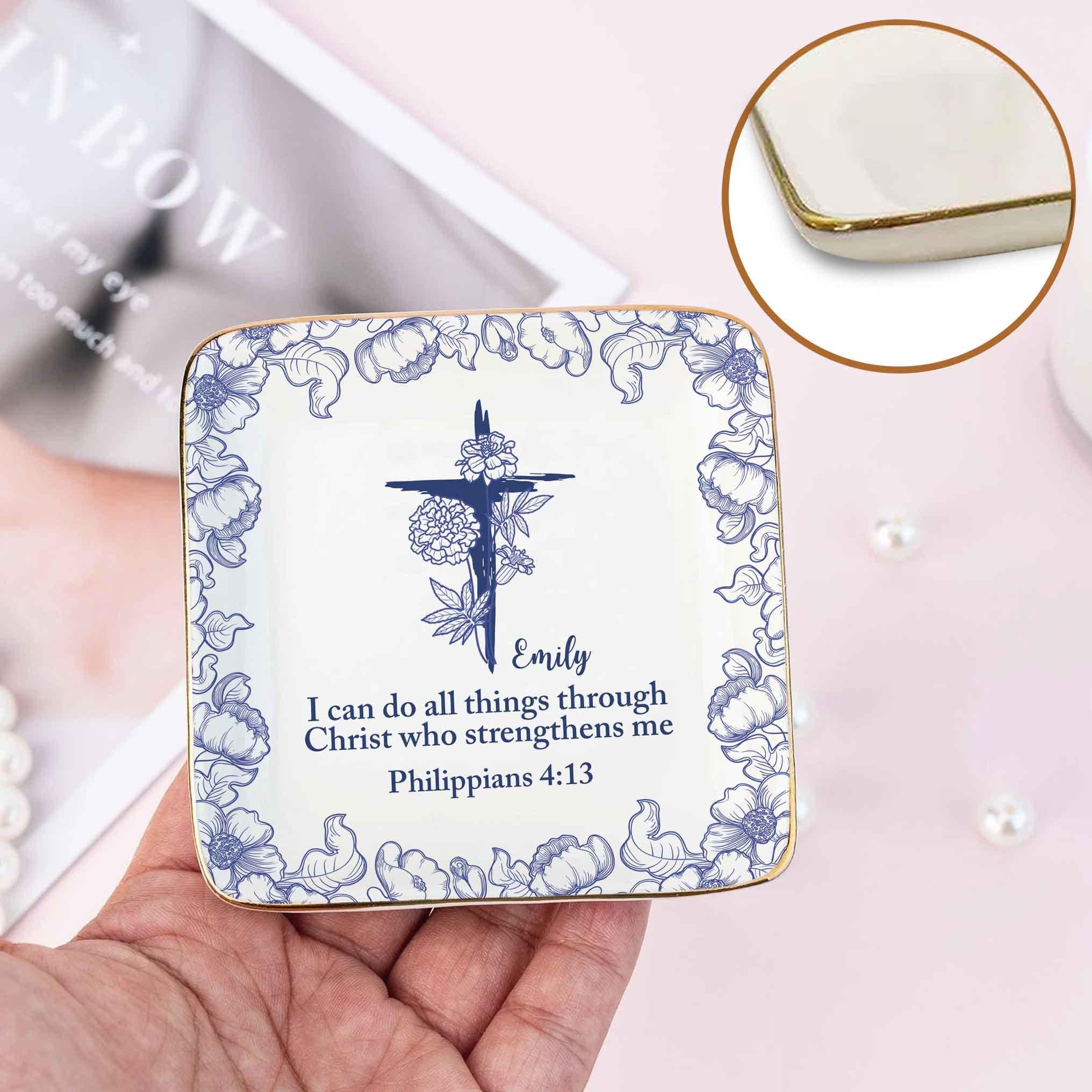 I Can Do All Things Birth Flower Jewelry Dish, Toile De Jouy Ring Dish, Christian Gift, Bible Verse Tray, Personalized Faith Gift  JDLAF05