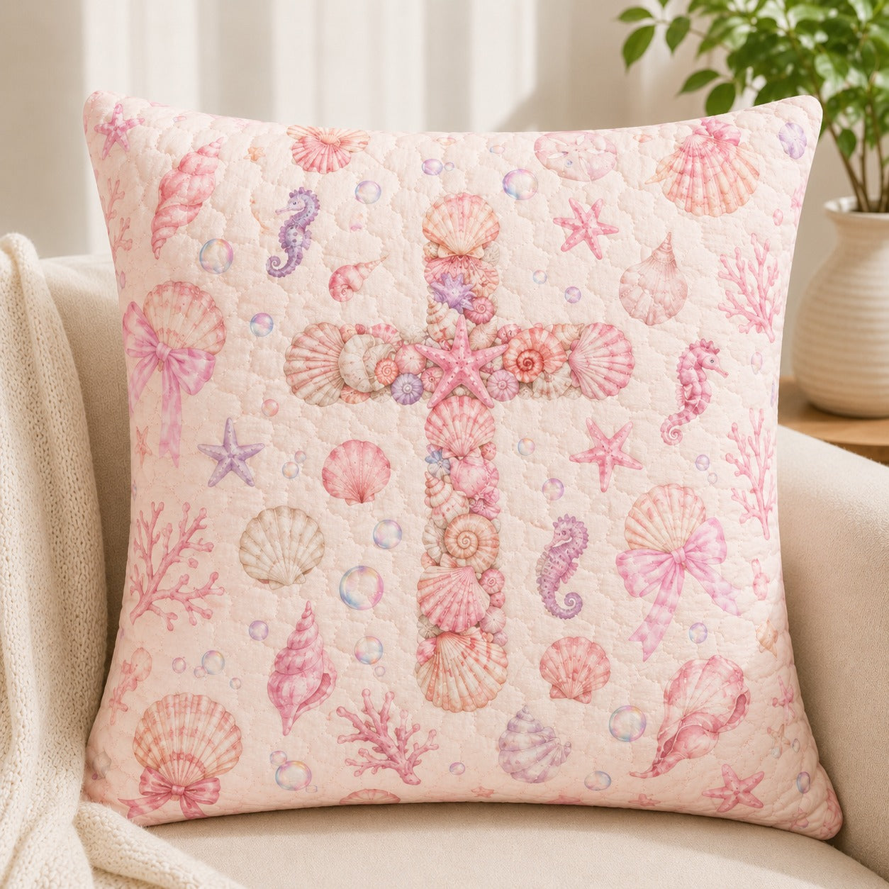 Seashell Cross Quilted Pillow Case, Pink Coastal Christian Pillow Cover, Beach Faith Decor, Religious Gift for Her QPILLOW39