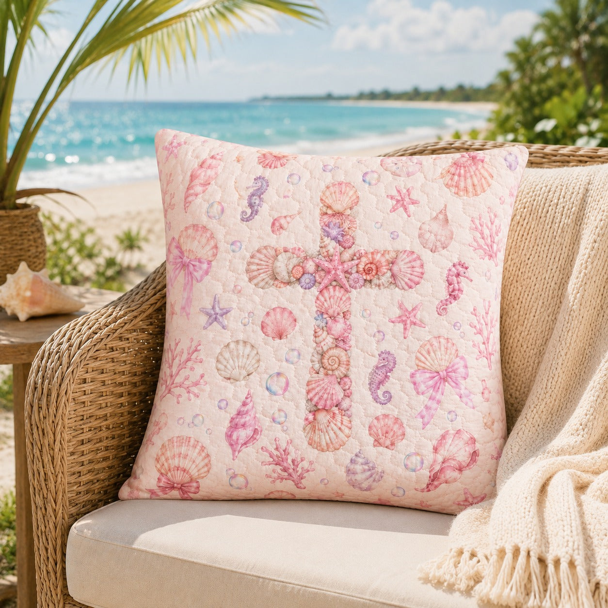 Seashell Cross Quilted Pillow Case, Pink Coastal Christian Pillow Cover, Beach Faith Decor, Religious Gift for Her QPILLOW39