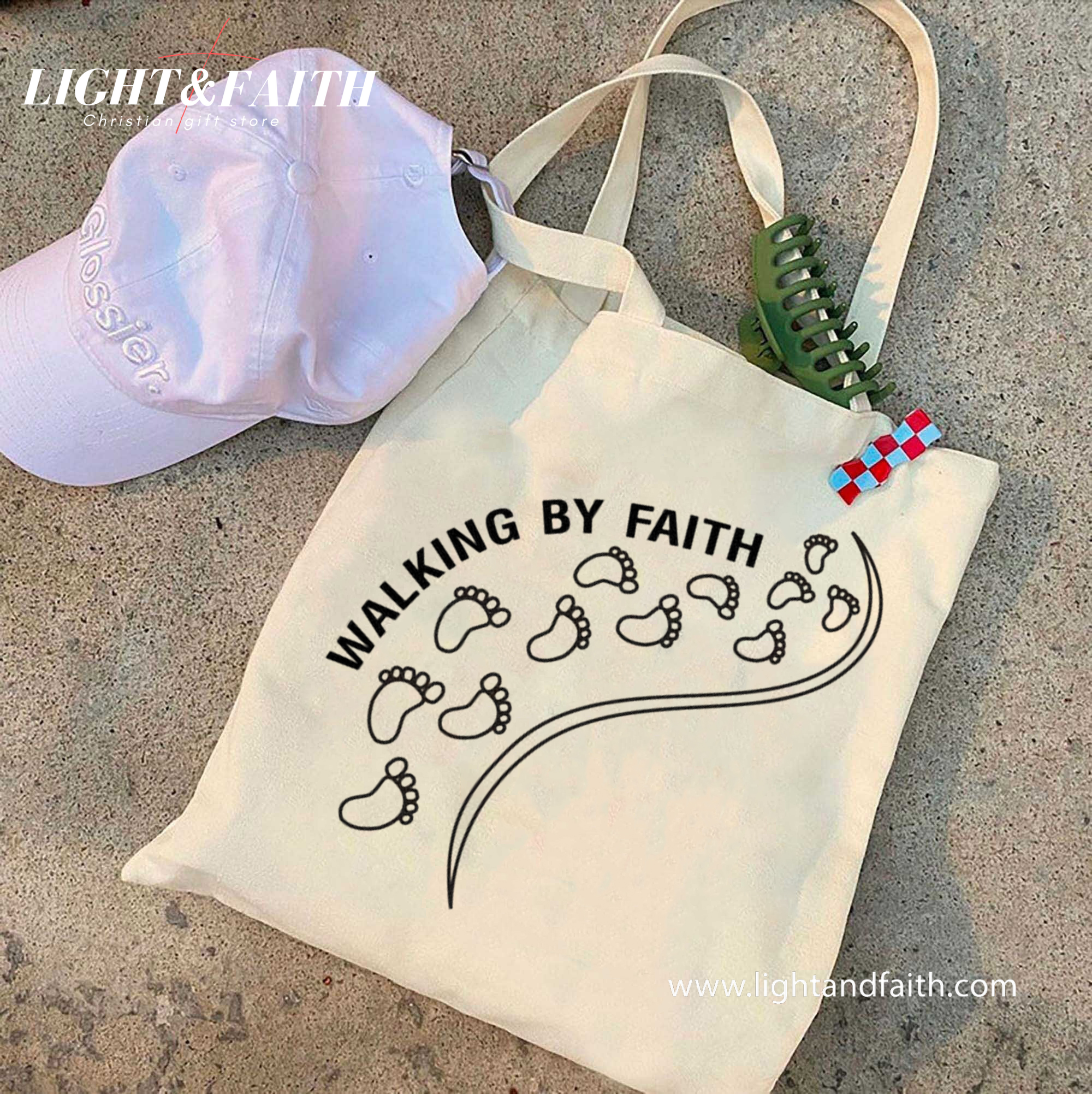 Walking By Faith Tote Bag, Christian Canvas Bag with Footprints Design, Inspirational Bible Verse Tote, Religious Gift for Women Church Bag TBLAF41