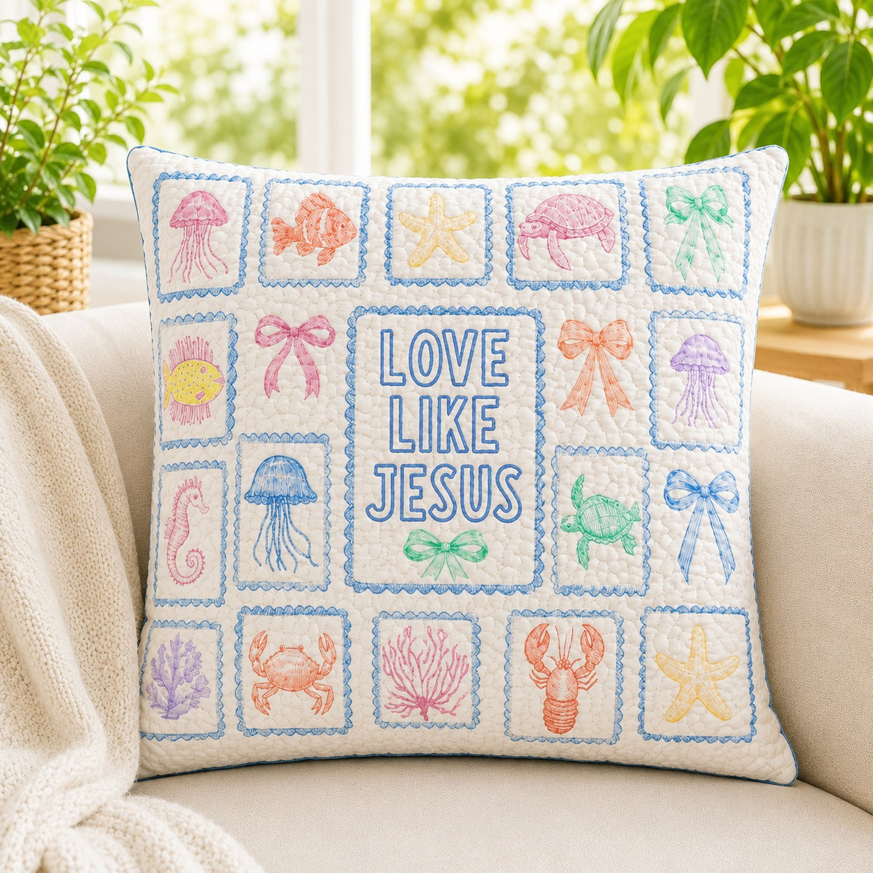 Love Like Jesus Coastal Quilted Pillow Case, Christian Ocean Pillow Cover, Sea Life Faith Decor, Colorful Religious Gift QPILLOW40