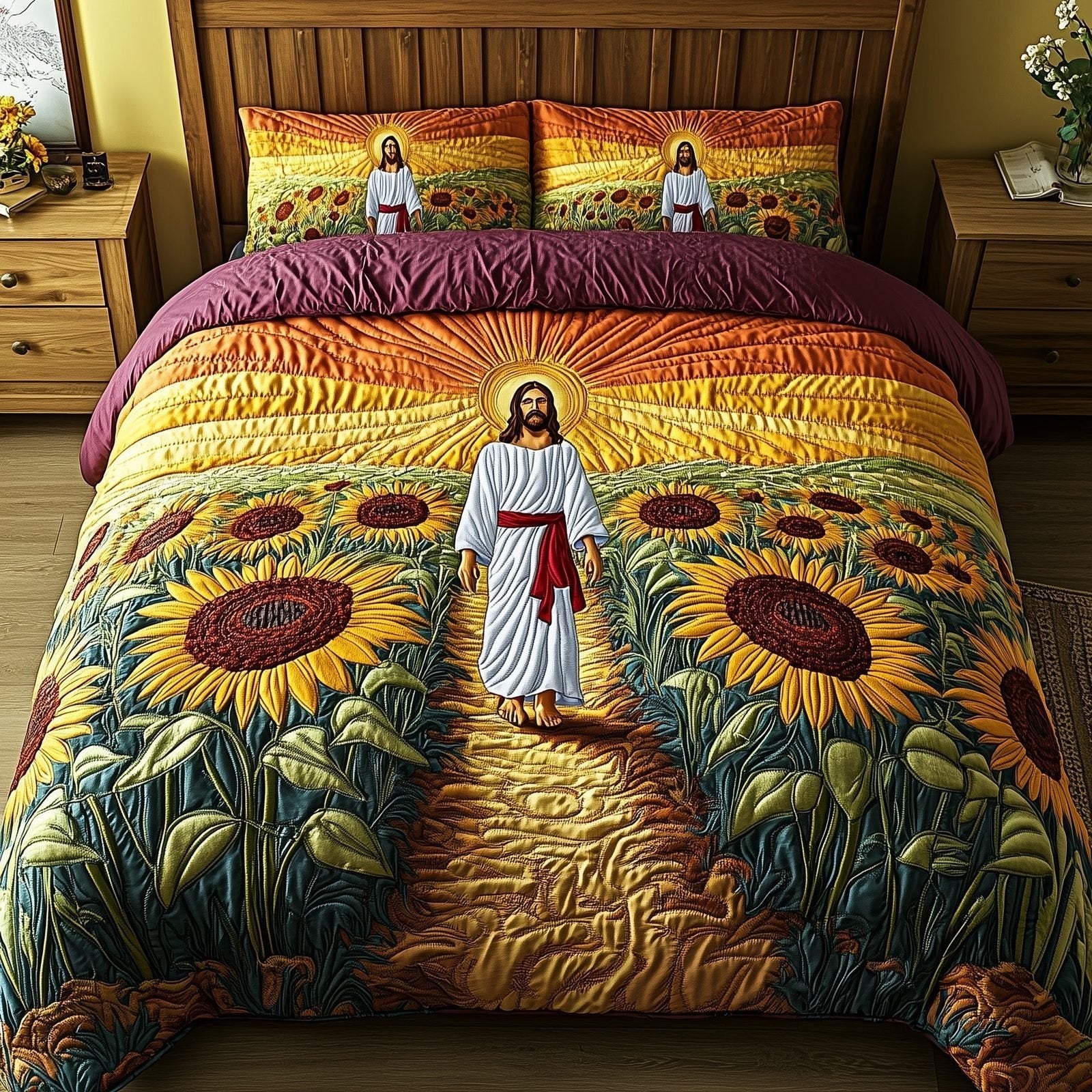 Jesus Sunflower Quilted Bedding Set, Christian Flower Quilted Blanket And Pillowcases, Personalized Bedding Set, Bedroom Decor LAFBED38
