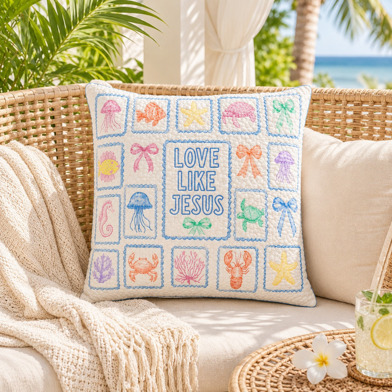 Love Like Jesus Coastal Quilted Pillow Case, Christian Ocean Pillow Cover, Sea Life Faith Decor, Colorful Religious Gift QPILLOW40