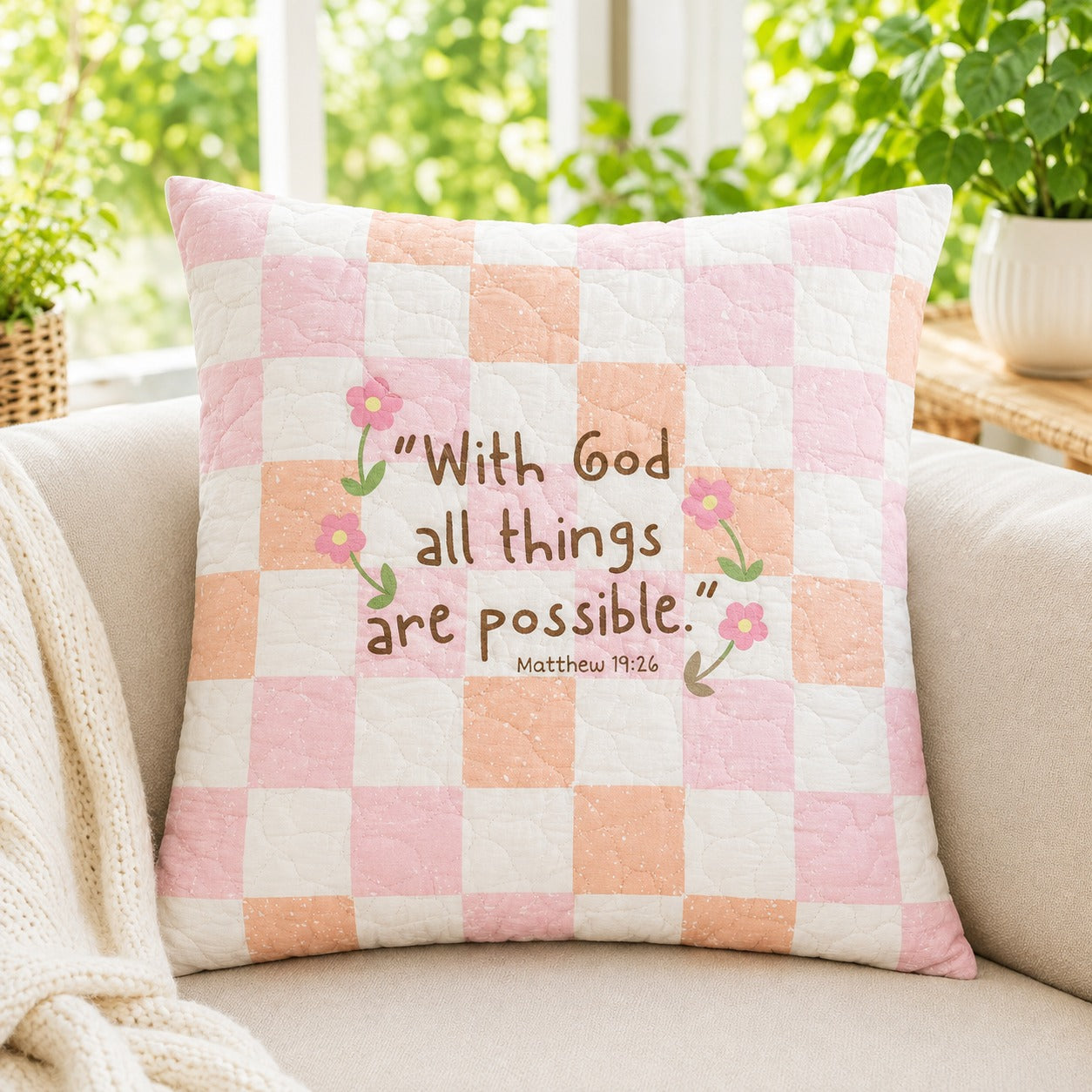 With God All Things Are Possible Quilted Pillow Case, Matthew 19:26 Christian Pillow Cover, Pink Faith Home Decor QPILLOW41