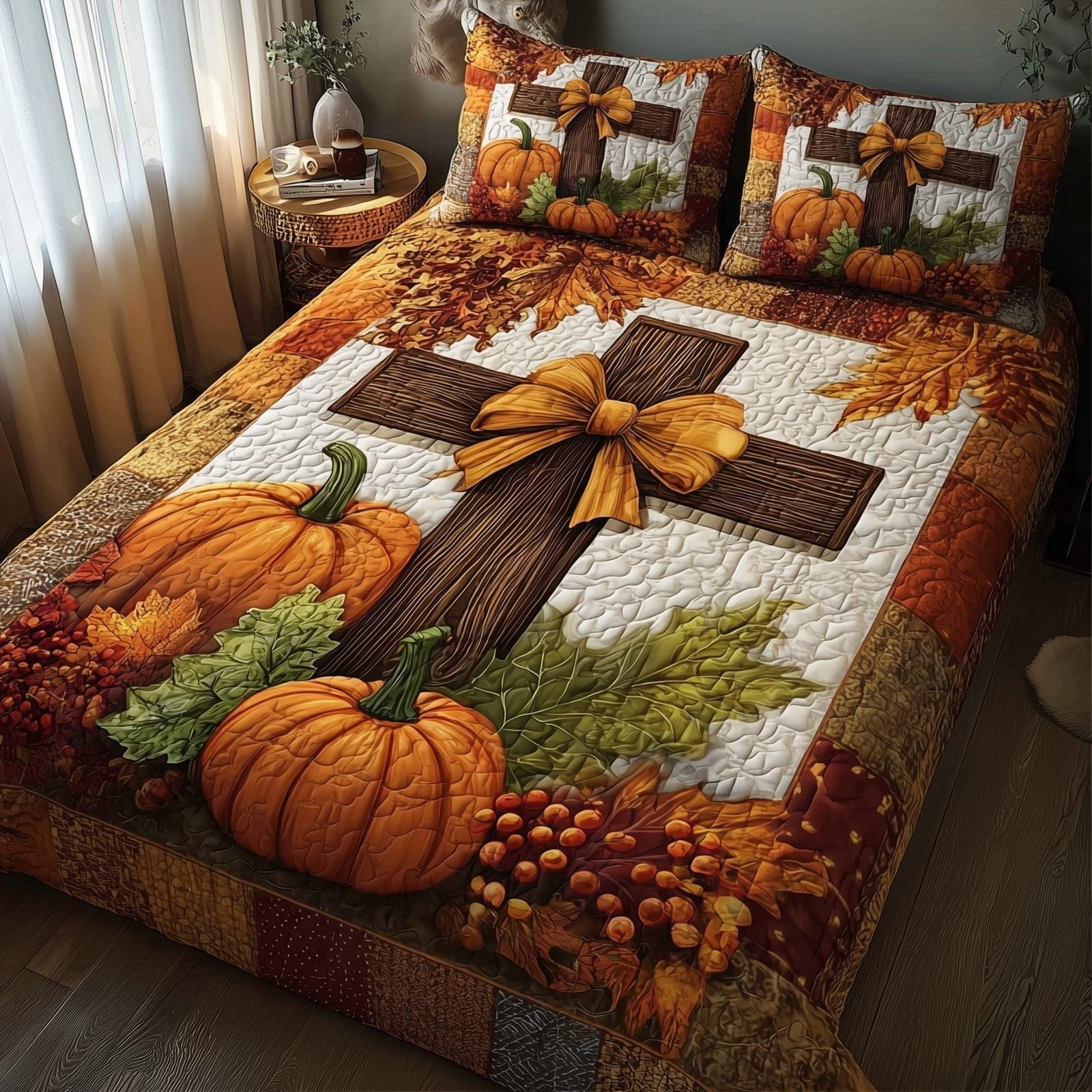 Fall Cross Quilted Bedding Set, Christian Cross Quilted Blanket And Pillowcases, Personalized Bedding Set, Bedroom Decor LAFBED39