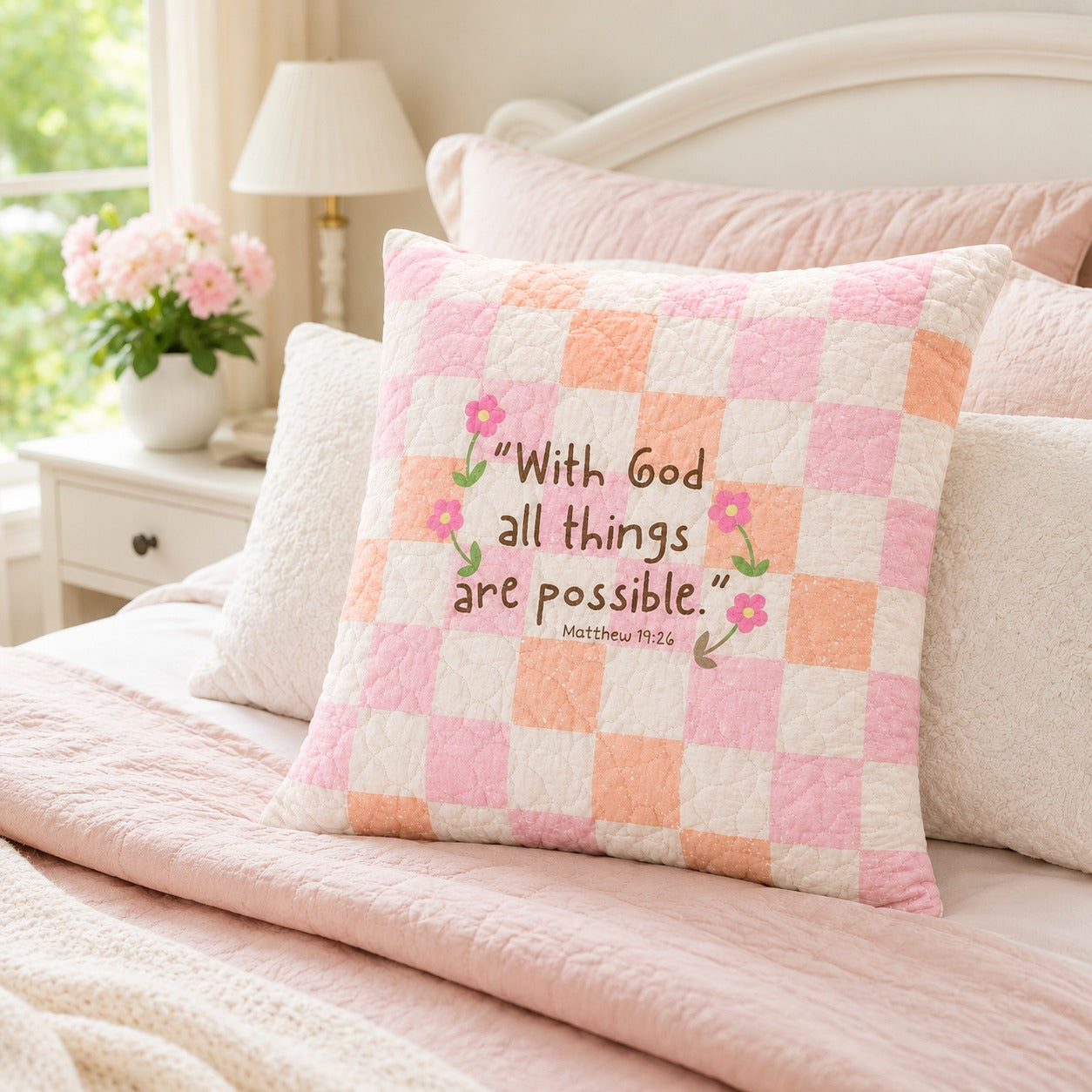 With God All Things Are Possible Quilted Pillow Case, Matthew 19:26 Christian Pillow Cover, Pink Faith Home Decor QPILLOW41