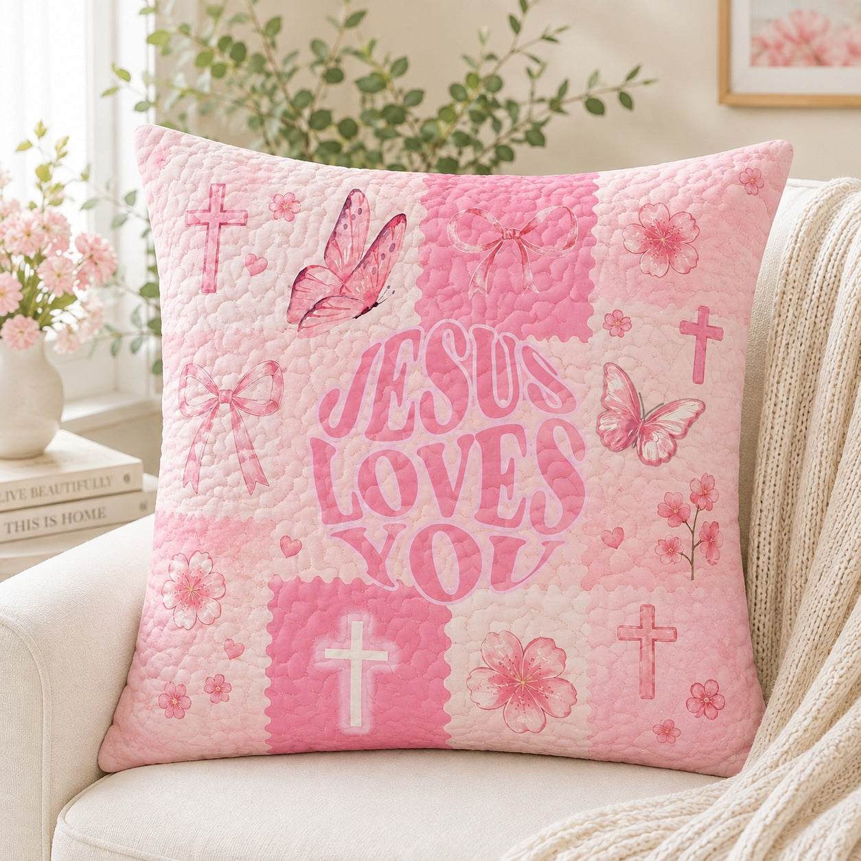 Jesus Loves You Pink Quilted Pillow Case, Christian Cross & Butterfly Pillow Cover, Cute Faith Gift for Girls QPILLOW42