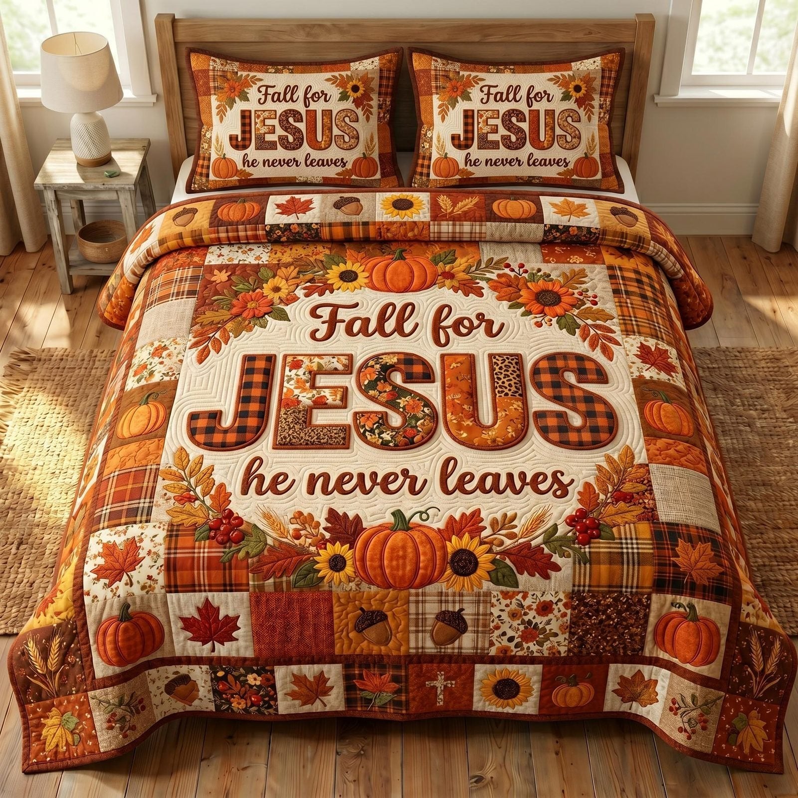 Fall For Jesus Quilted Bedding Set, Christian Cross Quilted Blanket And Pillowcases, Personalized Bedding Set, Bedroom Decor LAFBED40
