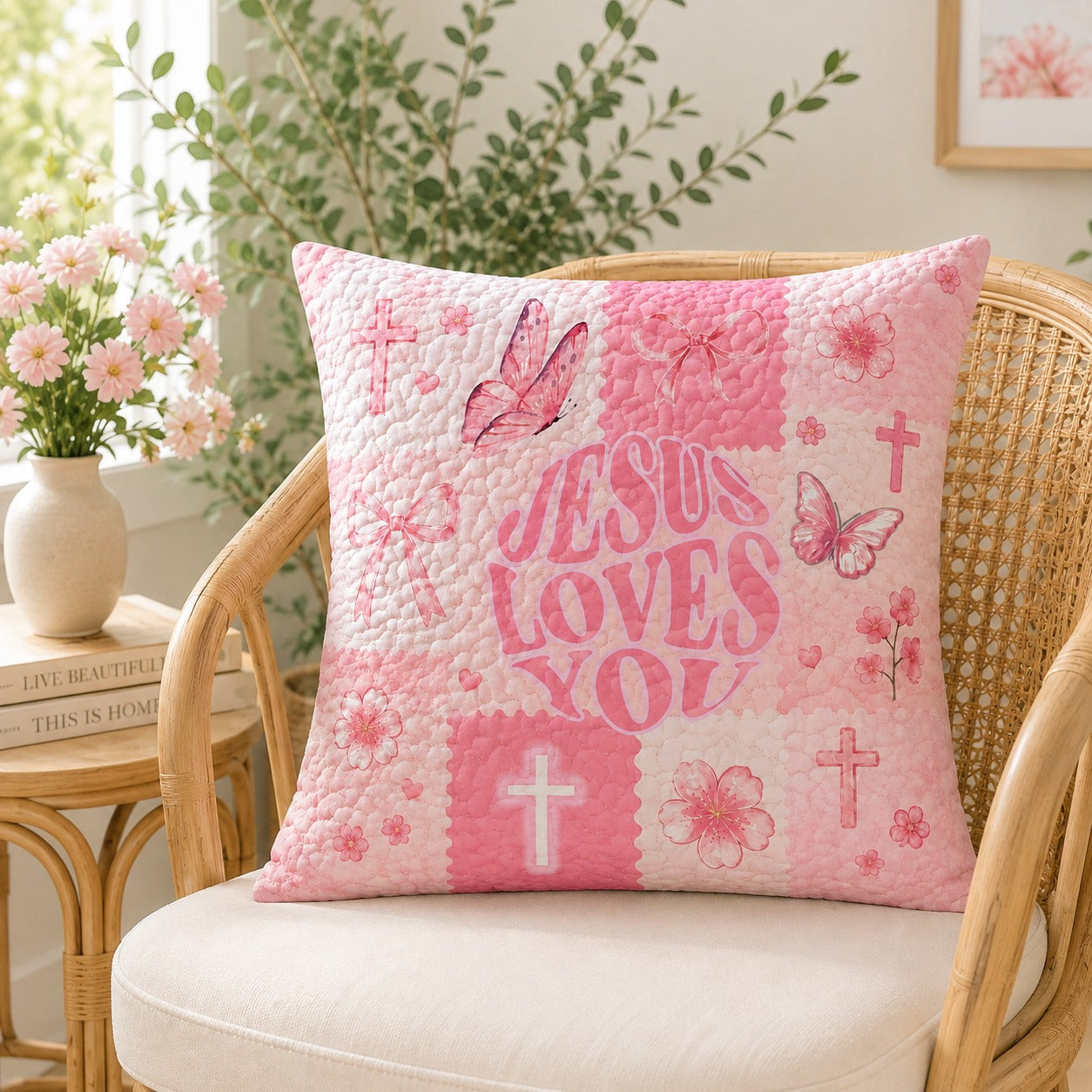 Jesus Loves You Pink Quilted Pillow Case, Christian Cross & Butterfly Pillow Cover, Cute Faith Gift for Girls QPILLOW42
