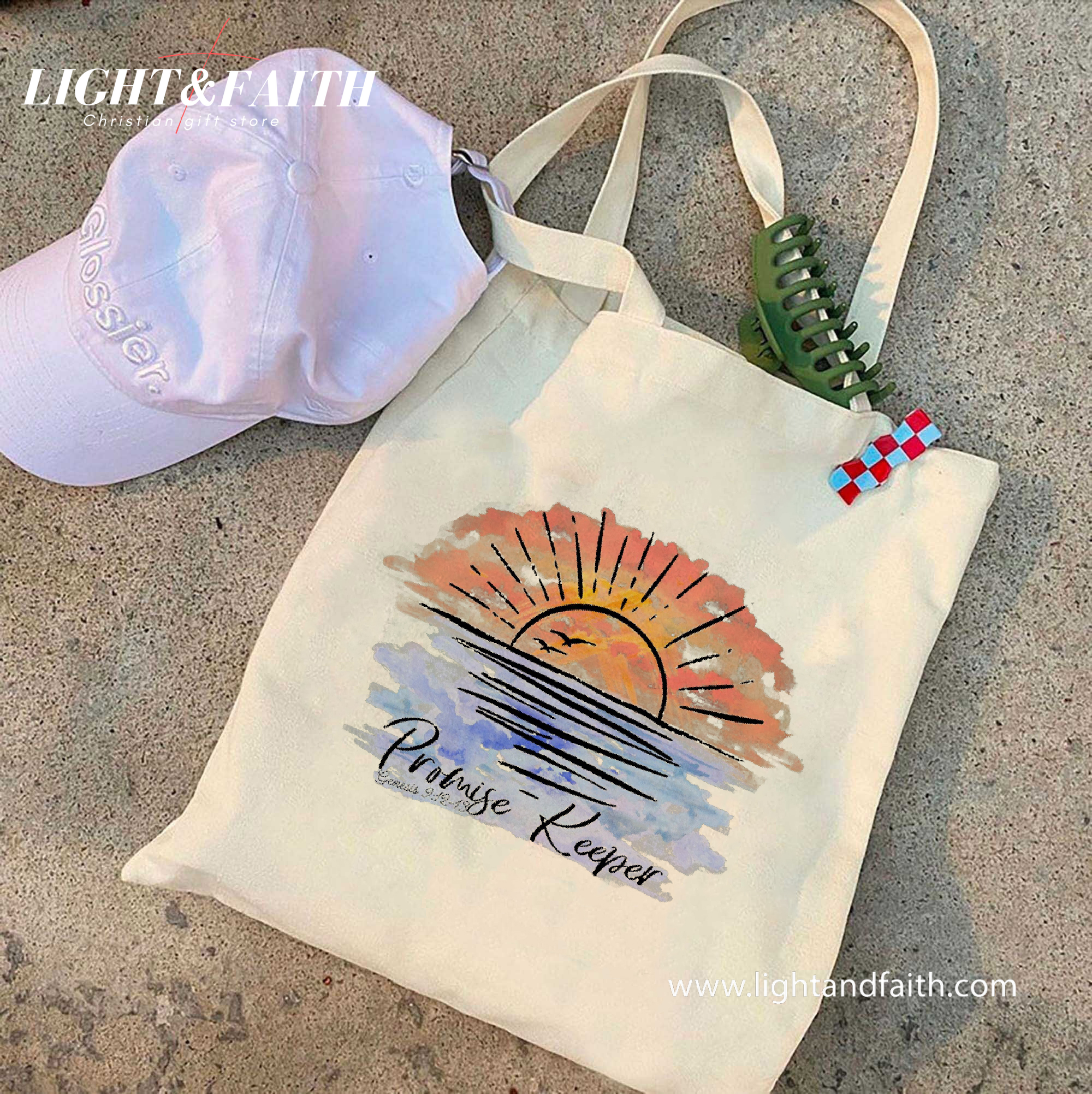 Promise Keeper Tote Bag, Christian Sunset Canvas Bag with Genesis 9:12-15 Verse, Rainbow Covenant Bible Tote, Faith Inspirational Gift TBLAF44