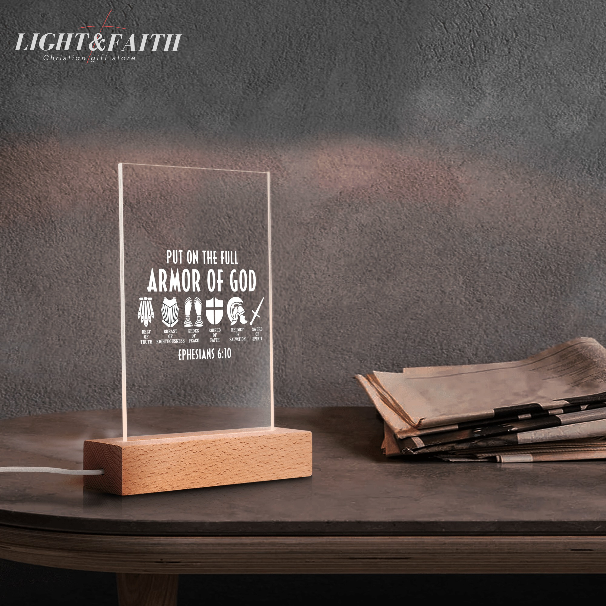 Armor Of God LED Light, Christian Bible Verse Lamp, Inspirational Acrylic Night Light, Religious Home Decor, Faith Gift for Believers. NLLAF42