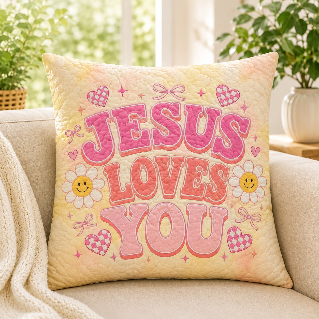 Jesus Loves You Retro Quilted Pillow Case, Pink Christian Pillow Cover, Cute Daisy Faith Decor, Religious Gift for Her QPILLOW43
