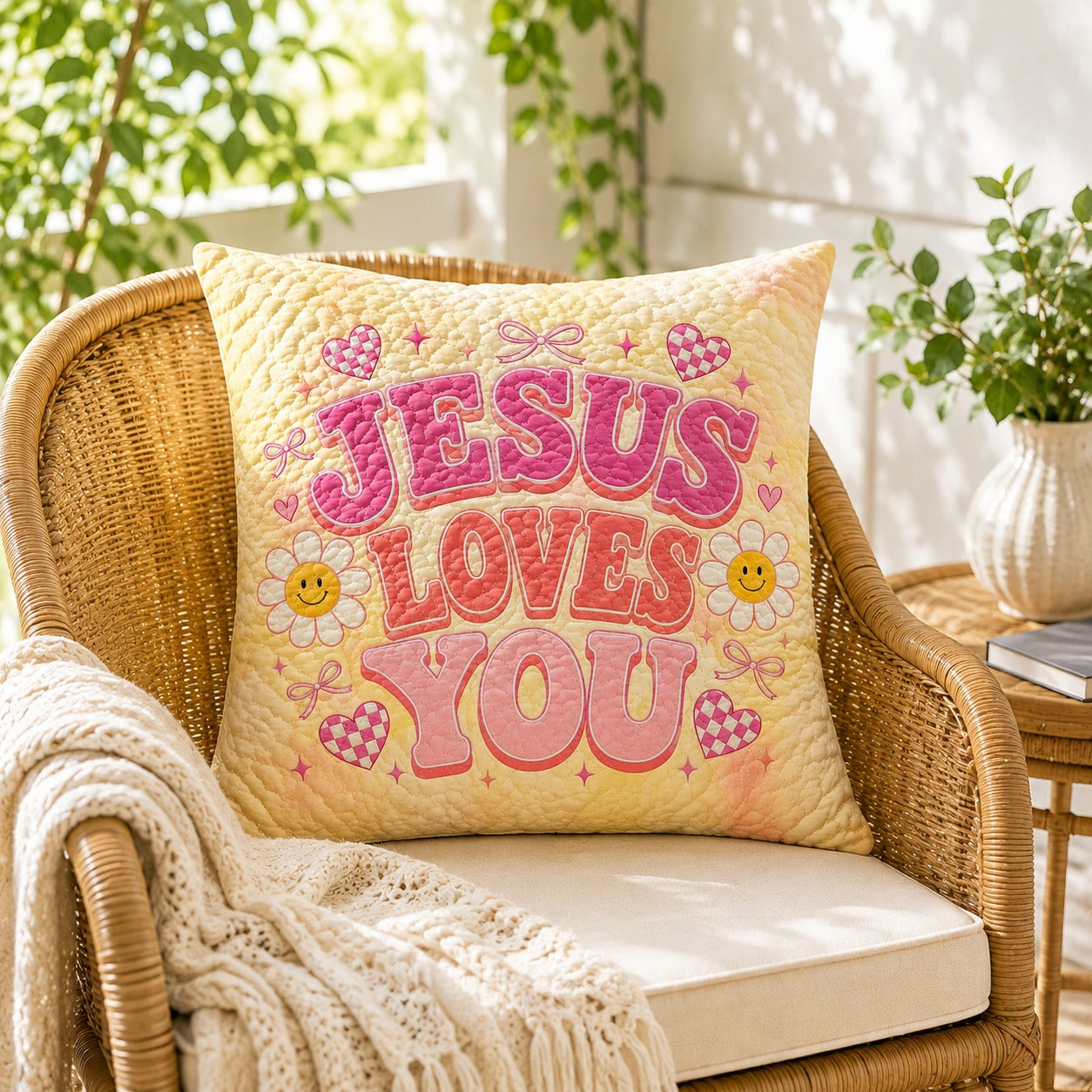 Jesus Loves You Retro Quilted Pillow Case, Pink Christian Pillow Cover, Cute Daisy Faith Decor, Religious Gift for Her QPILLOW43