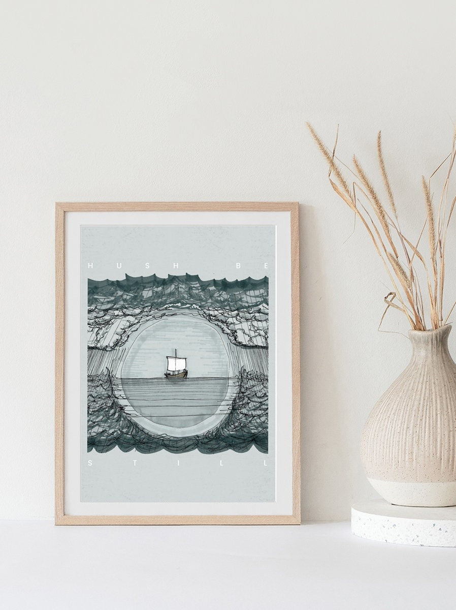Hush Be Still Poster, Jesus Stills Sea Poster, Peace Be Still, Jesus Poster , Bible Art Poster