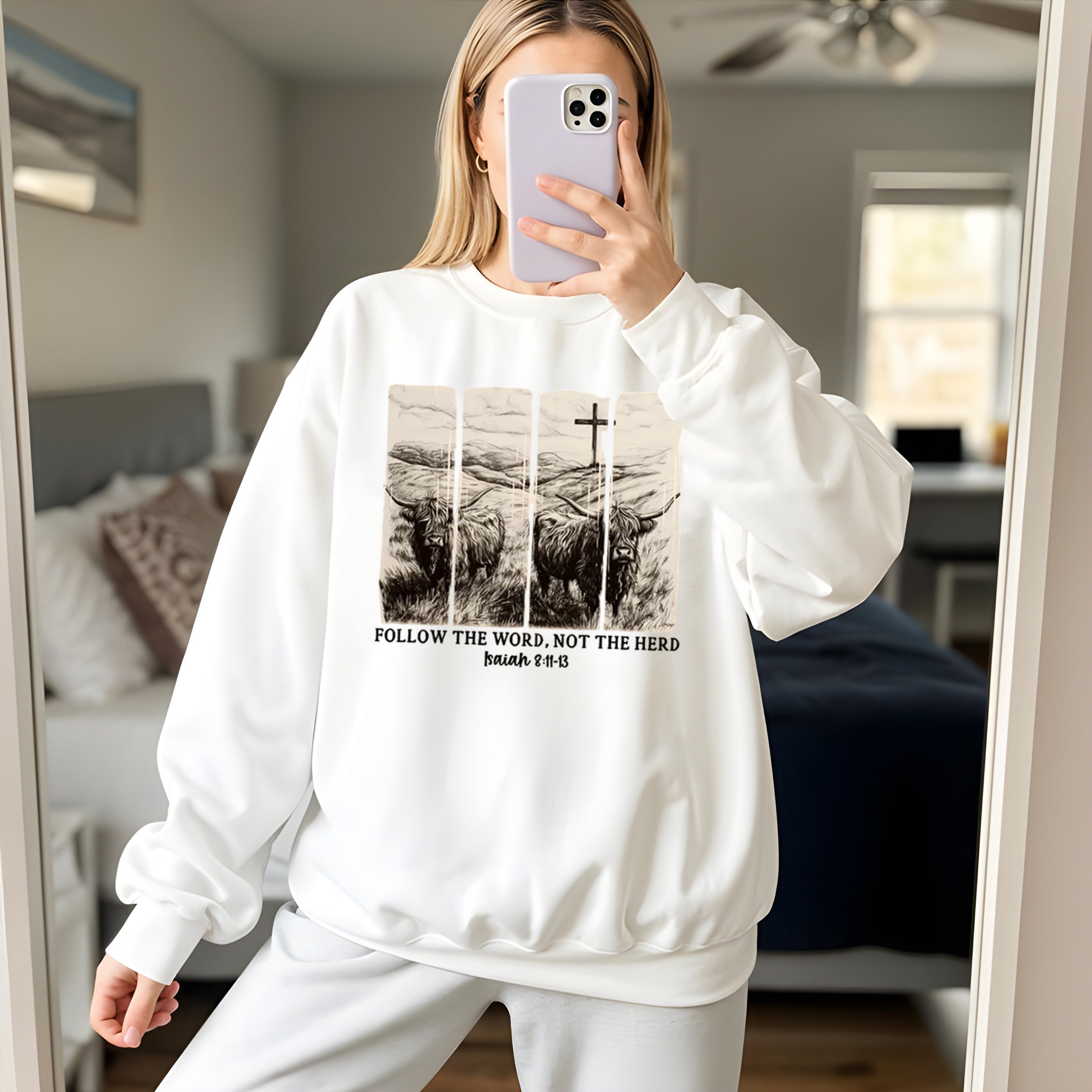 Follow the Word Not the Herd Christian Sweatshirt, Isaiah 8:11-13 Bible Verse Pullover, Faith Based Religious Crewneck