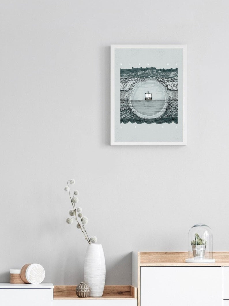 Hush Be Still Poster, Jesus Stills Sea Poster, Peace Be Still, Jesus Poster , Bible Art Poster