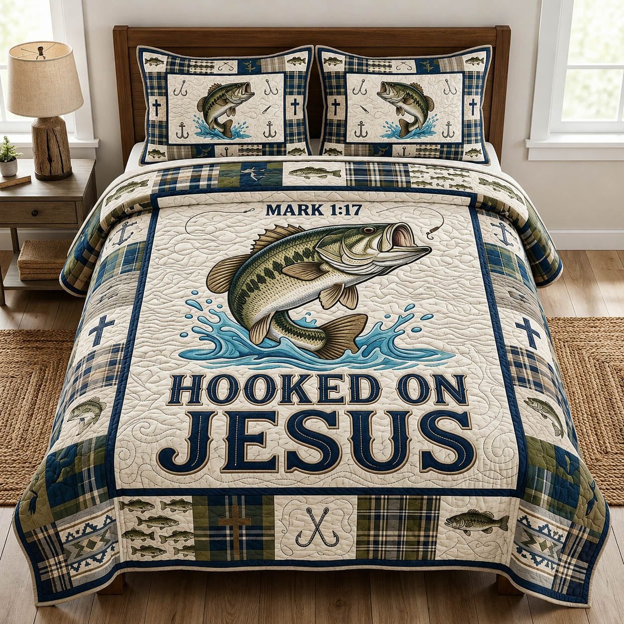 Hooked On Jesus Quilted Bedding Set, Christian Quilted Blanket And Pillowcases, Personalized Bedding Set, Bedroom Decor LAFBED42