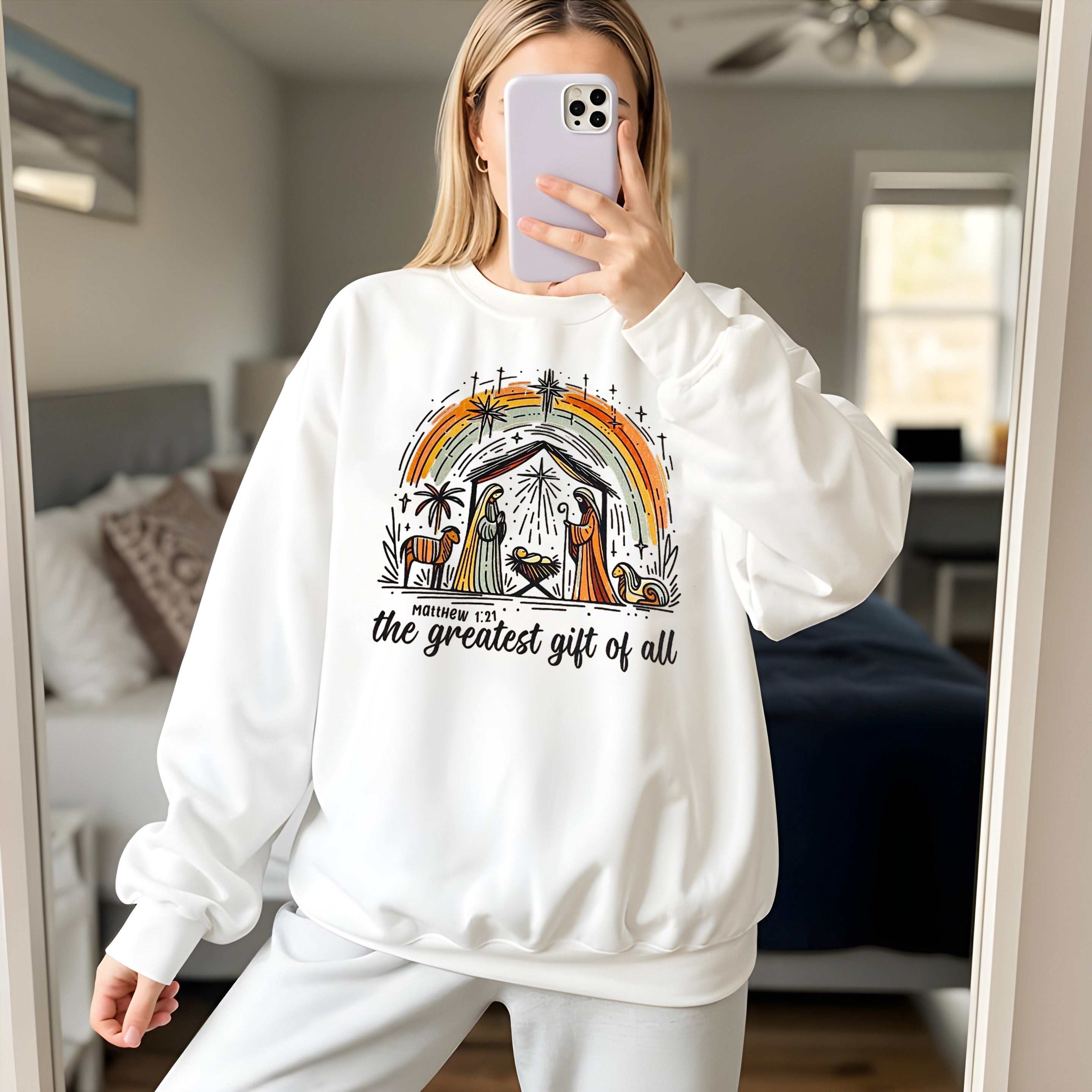 Nativity Scene Christian Christmas Sweatshirt, Matthew 1:21 Bible Verse Pullover, Greatest Gift of All Religious Crewneck