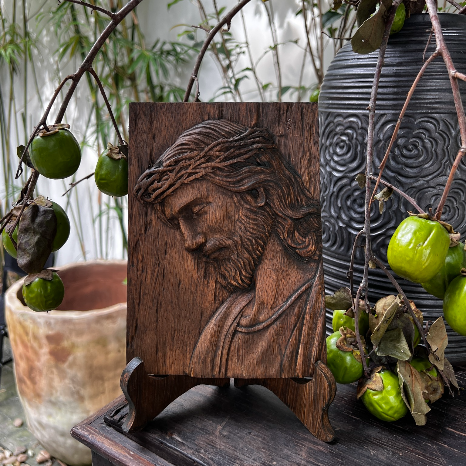 Hand Carved Jesus Christ Wooden Relief – Crown of Thorns Wall Art – Christian Home Decor and Faith Gift