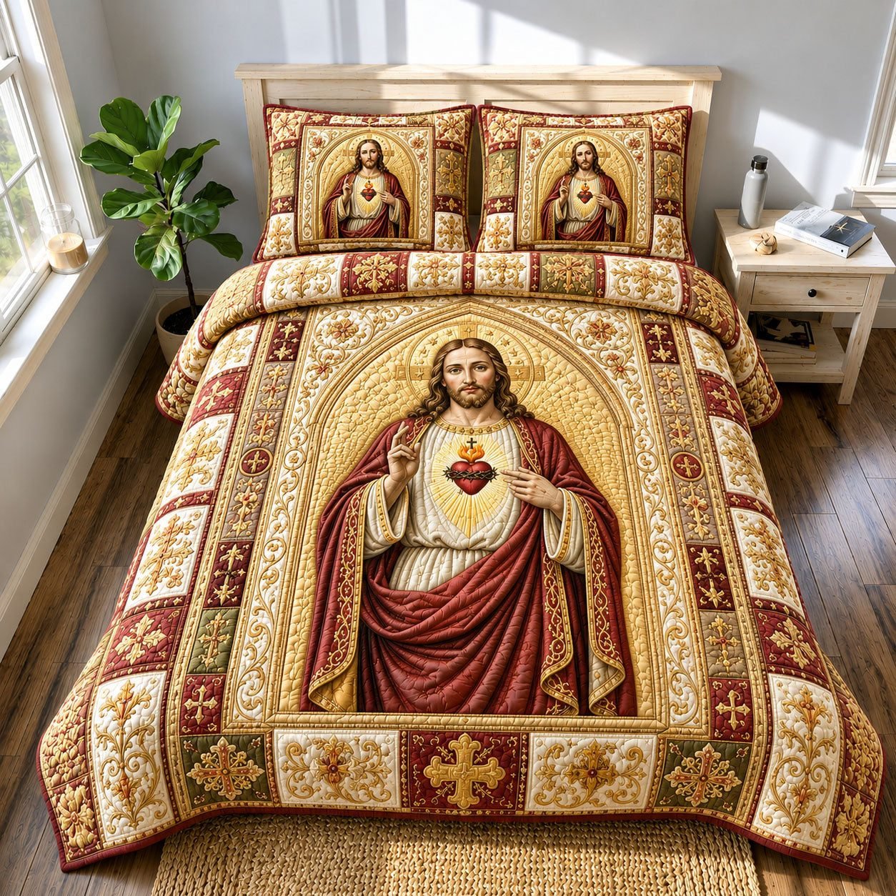 Jesus Sacred Heart Quilted Bedding Set, Christian Sacred Heart Quilted Blanket And Pillowcases, Personalized Bedding Set, Bedroom Decor LAFBED43