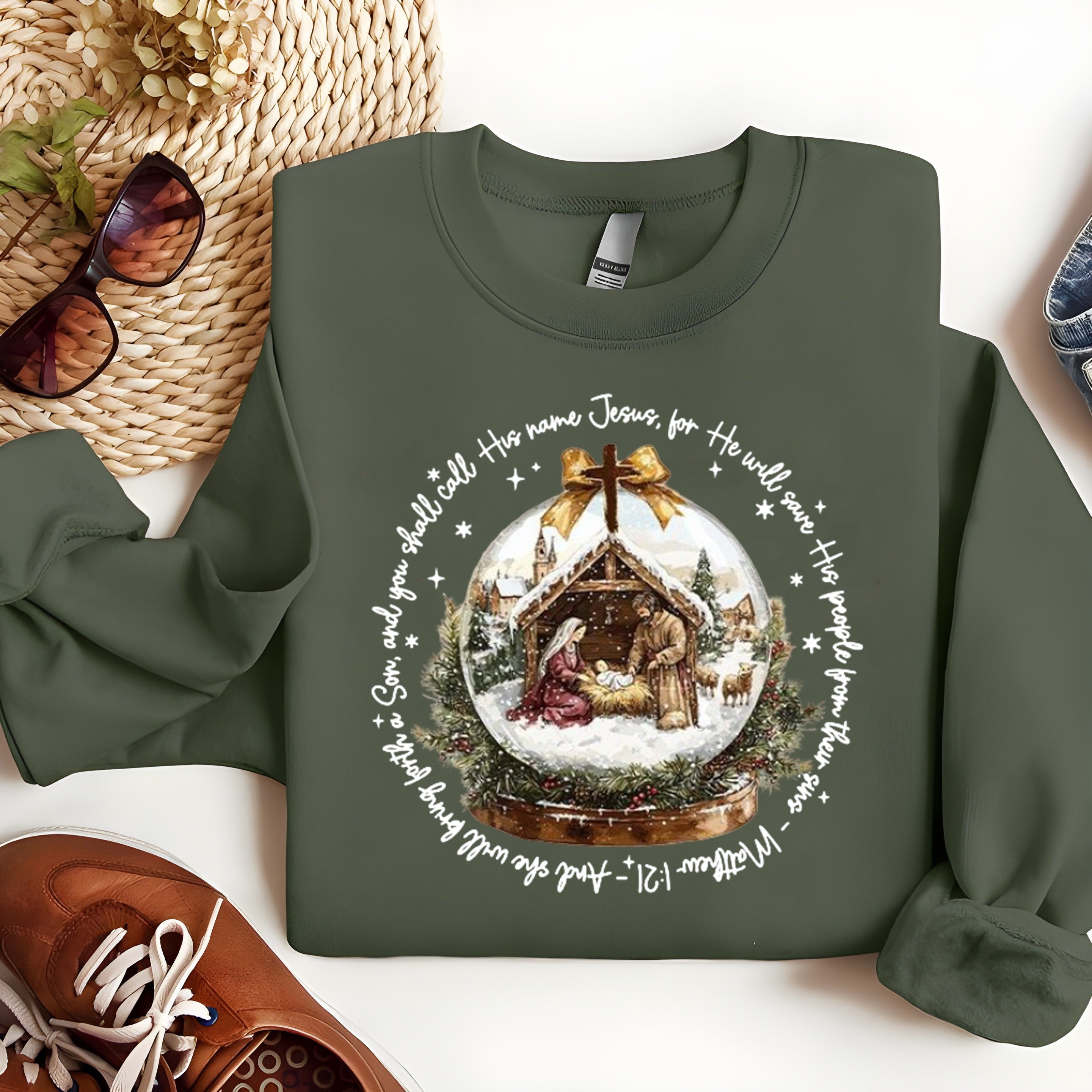 Nativity Scene Christmas Sweatshirt, Matthew 1:21 Bible Verse Pullover, Christian Holiday Religious Crewneck