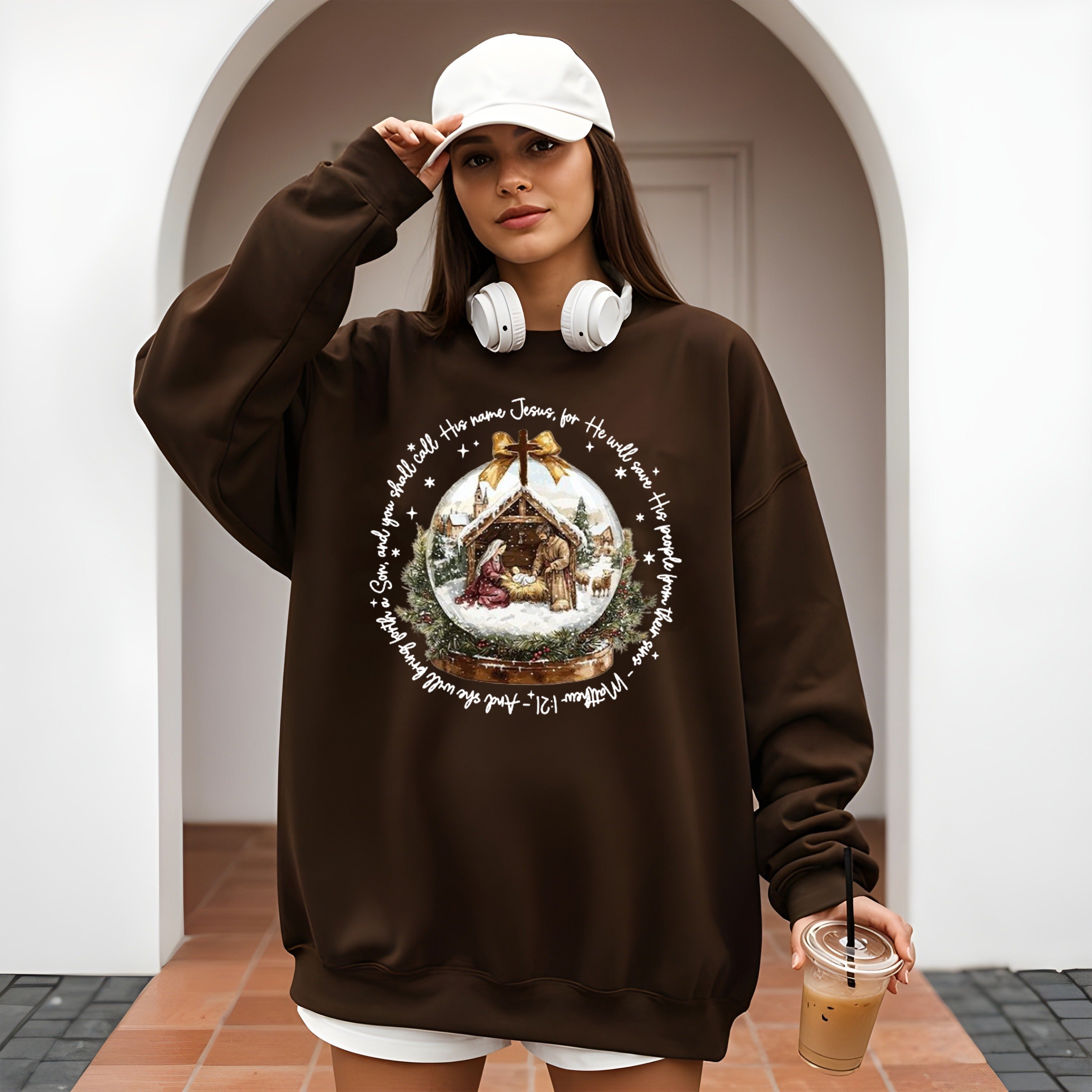 Nativity Scene Christmas Sweatshirt, Matthew 1:21 Bible Verse Pullover, Christian Holiday Religious Crewneck