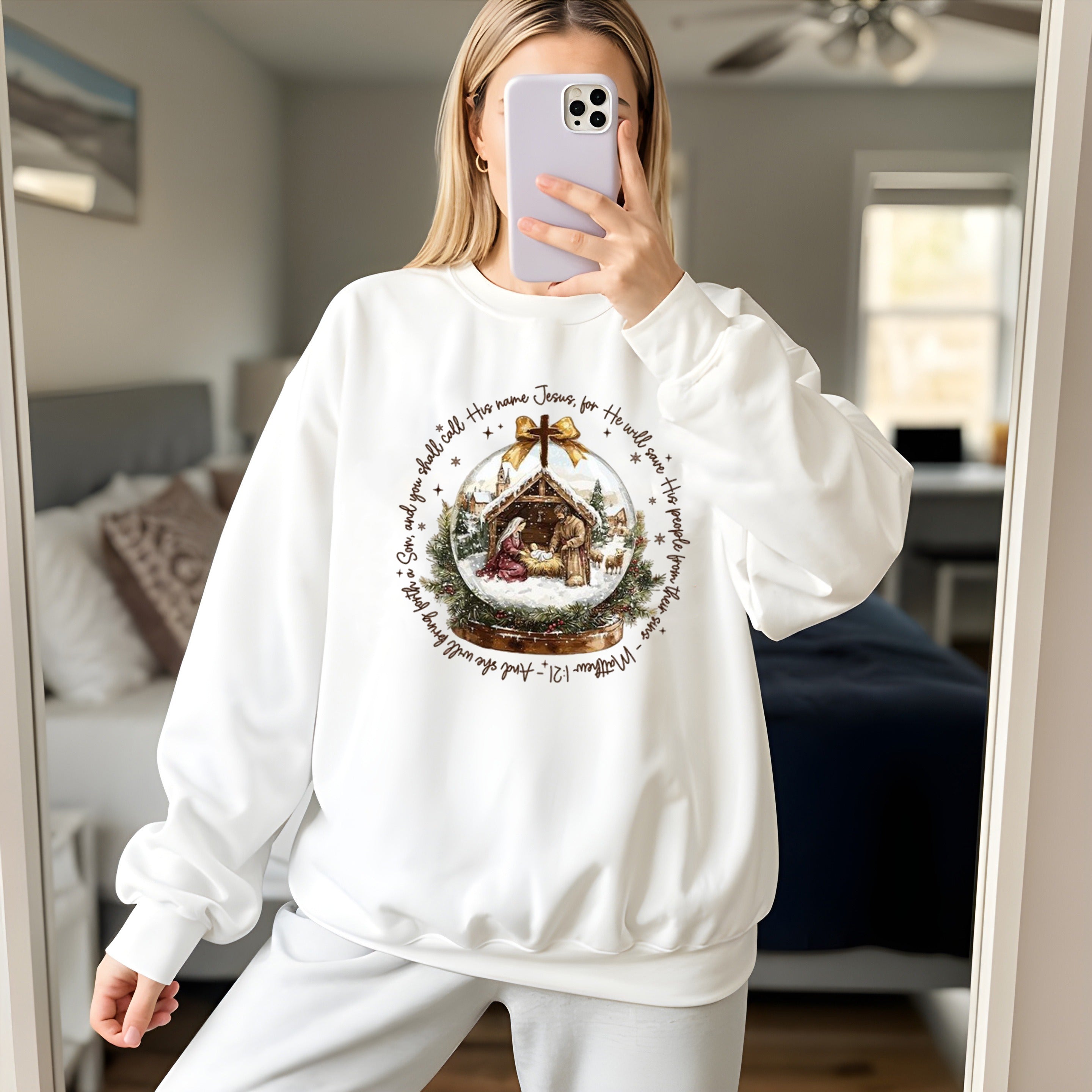 Nativity Scene Christmas Sweatshirt, Matthew 1:21 Bible Verse Pullover, Christian Holiday Religious Crewneck