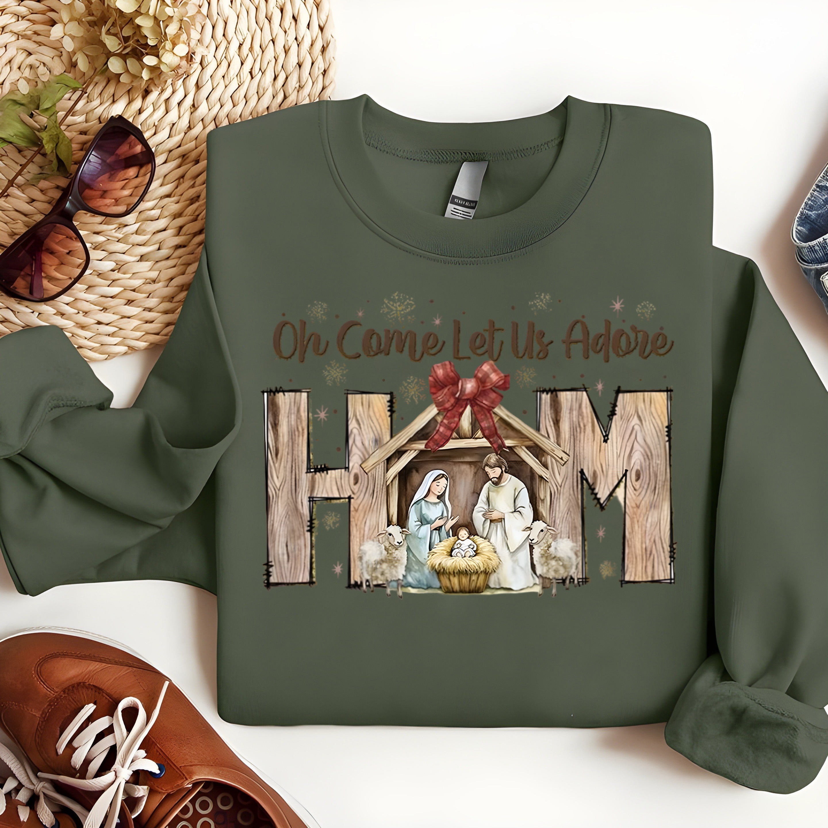 Oh Come Let Us Adore Him Christmas Sweatshirt, Nativity Scene Christian Pullover, Religious Holiday Crewneck
