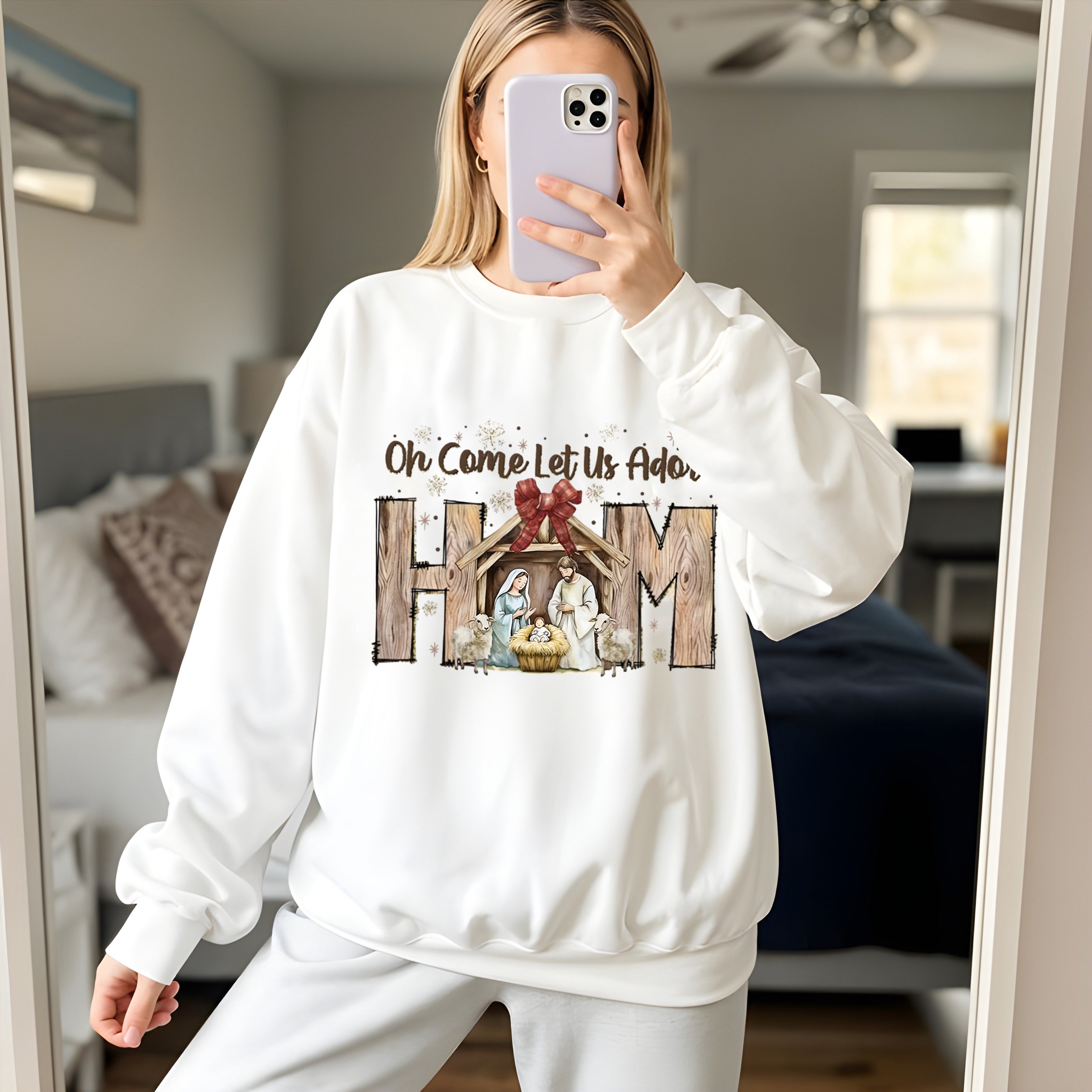 Oh Come Let Us Adore Him Christmas Sweatshirt, Nativity Scene Christian Pullover, Religious Holiday Crewneck