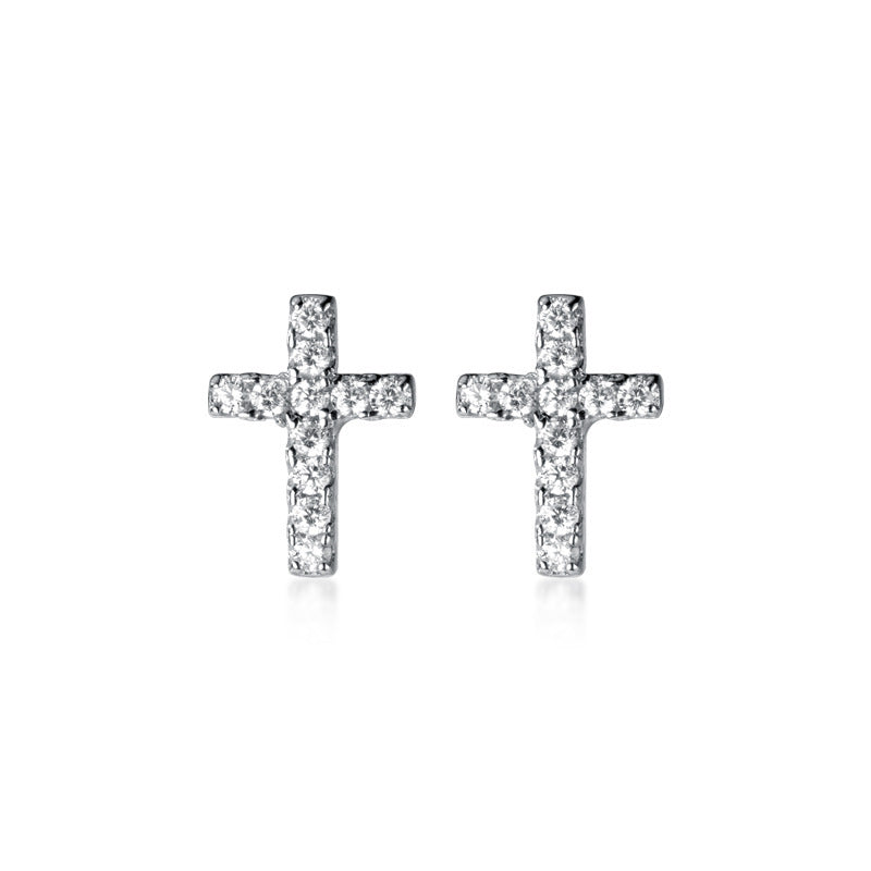 Catholic-Inspired Silver Cross Earrings, Sparkling Pave Diamond Style, Religious Jewelry Gift