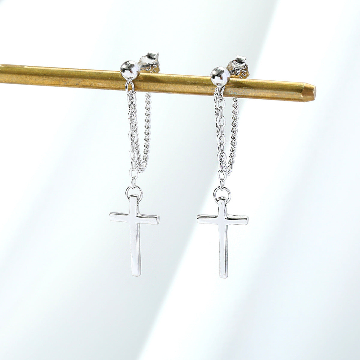 Silver Cross Drop Earrings with Chain, Elegant Catholic-Inspired Relig
